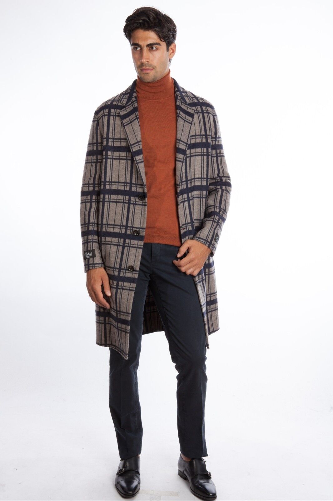 $2650 BELVEST Check Gray Blue Wool Coat 38 US / 48 EU Drop 8R  F/W 2018