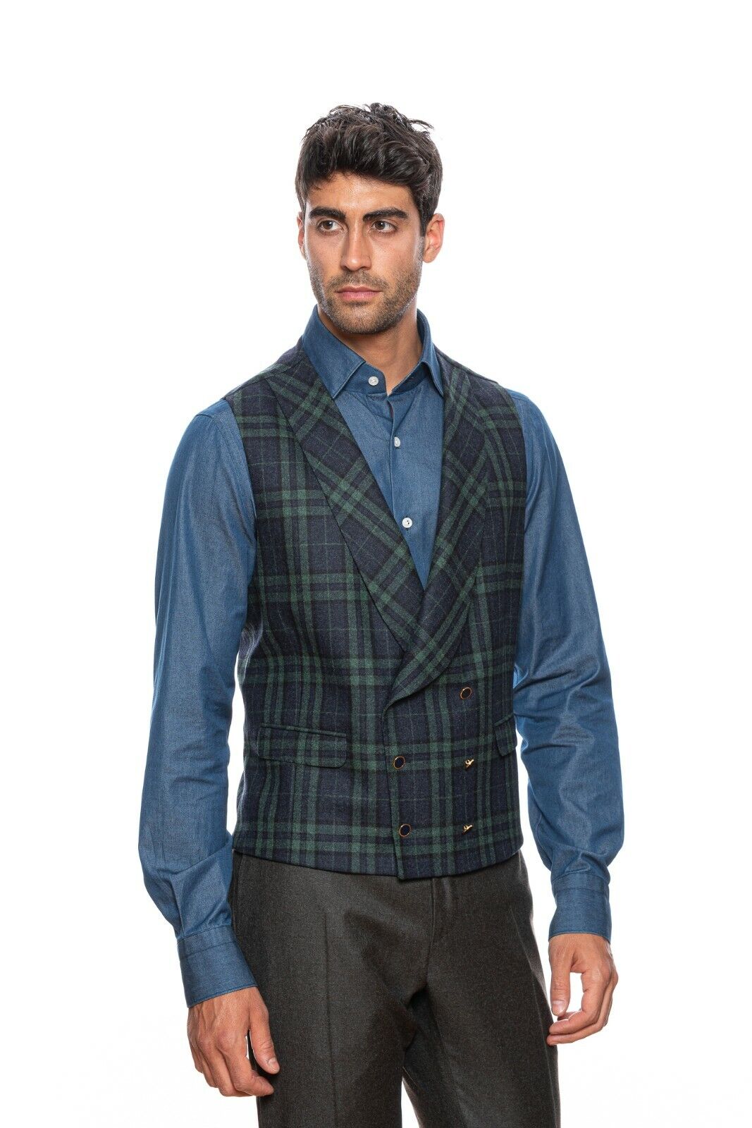 $2450 BELVEST Blue Wool Silk Check Jacket + Vest Double Breasted 44 US 54 EU 6R