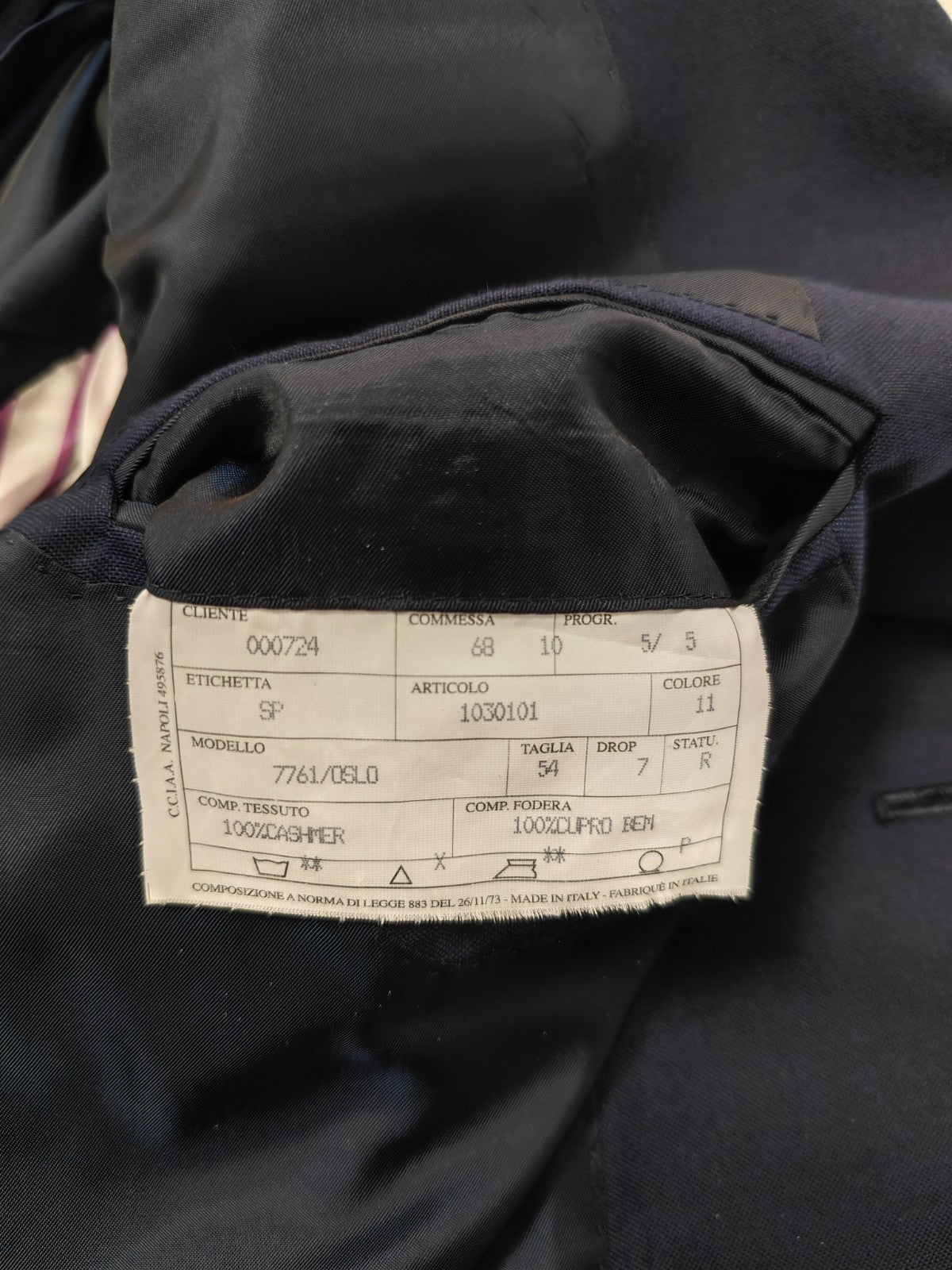$3500 SARTORIA PARTENOPEA NAPOLI Handmade Blue Solid Suit 100% Cashmere