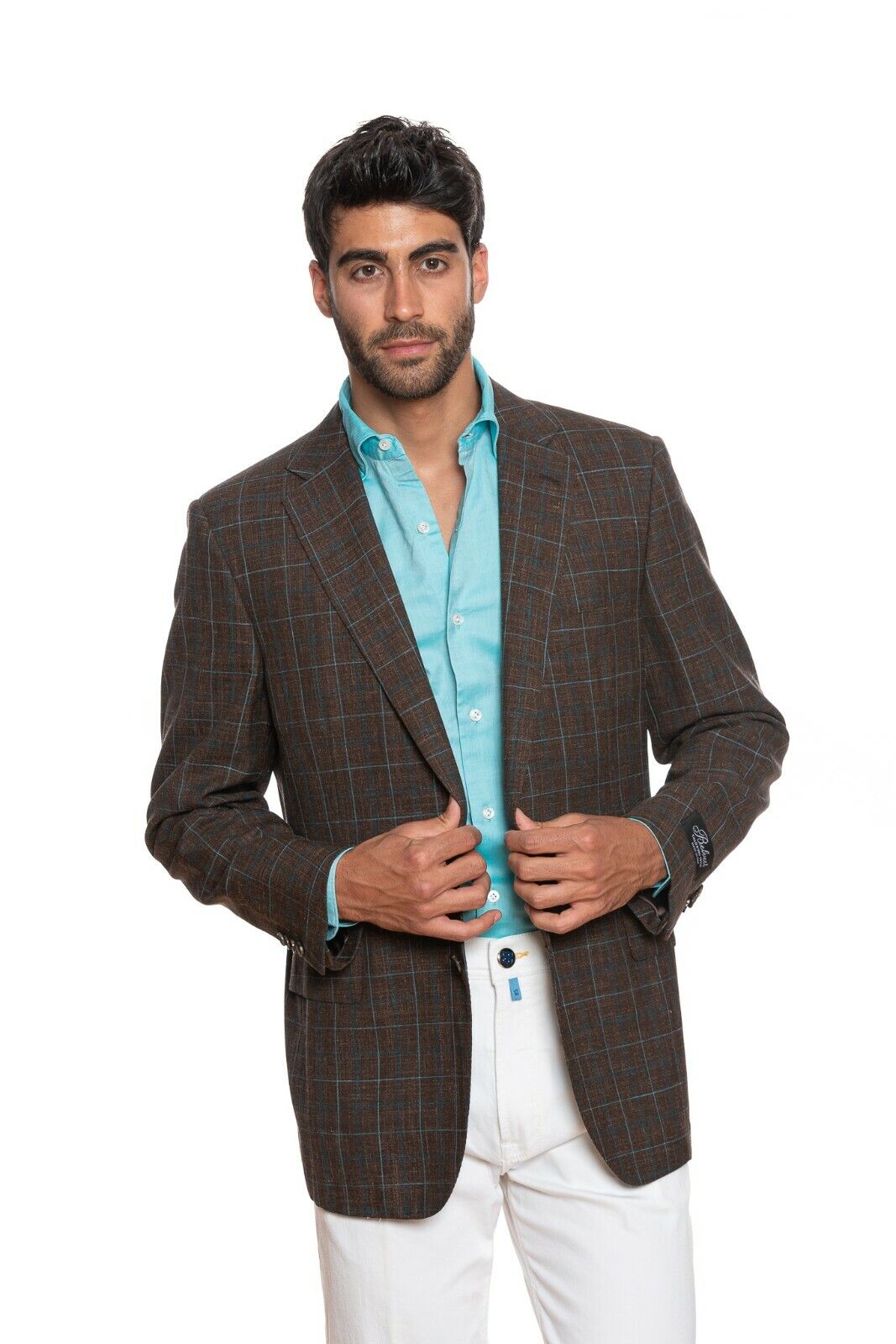 2230$ BELVEST Sartorial Jacket Brown / Aquamarine Checks Wool Silk Linen Drop 7
