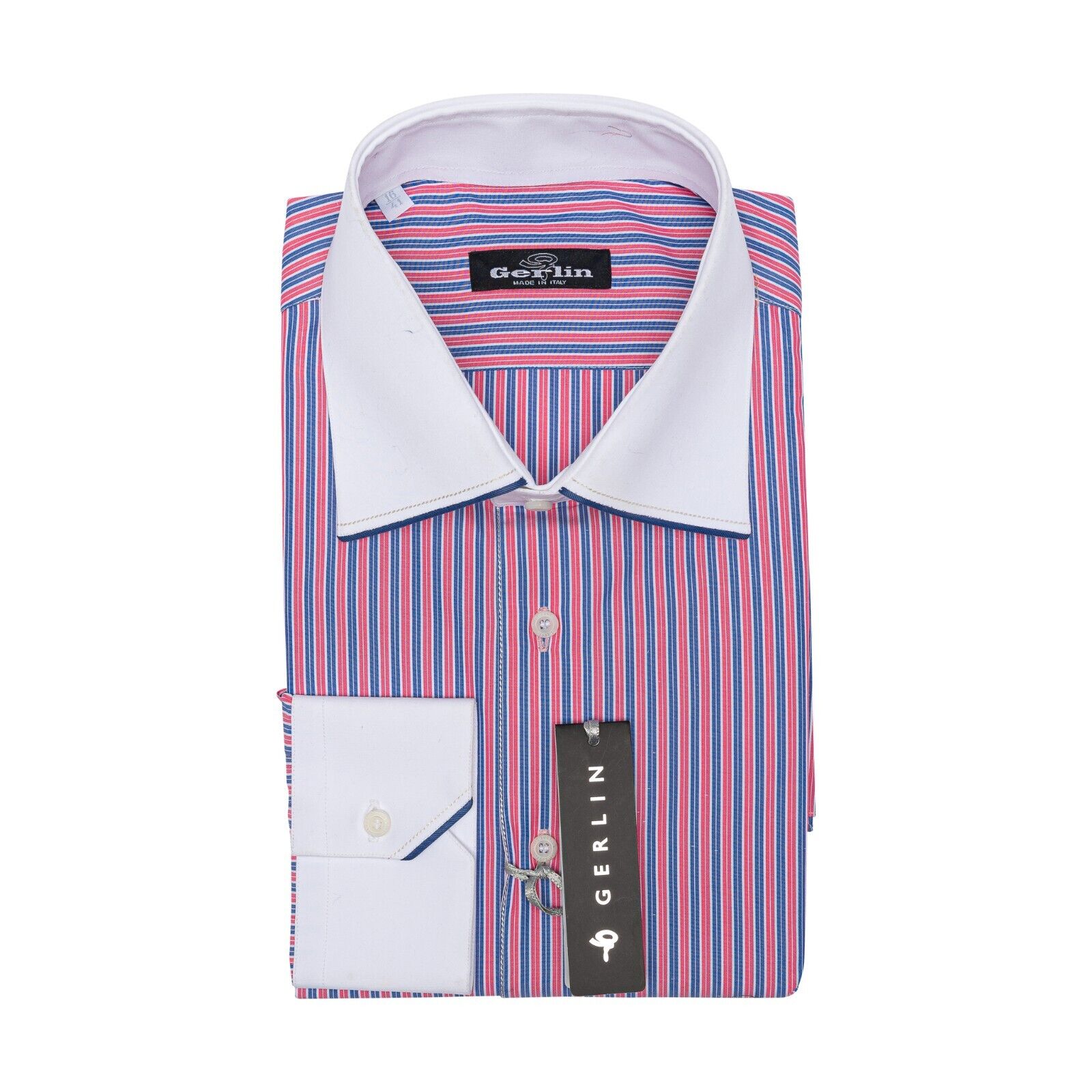 690$ LUXURY GERLIN Shirt Striped Blue / Red Fine Cotton 16 - 41 3P BIJAN