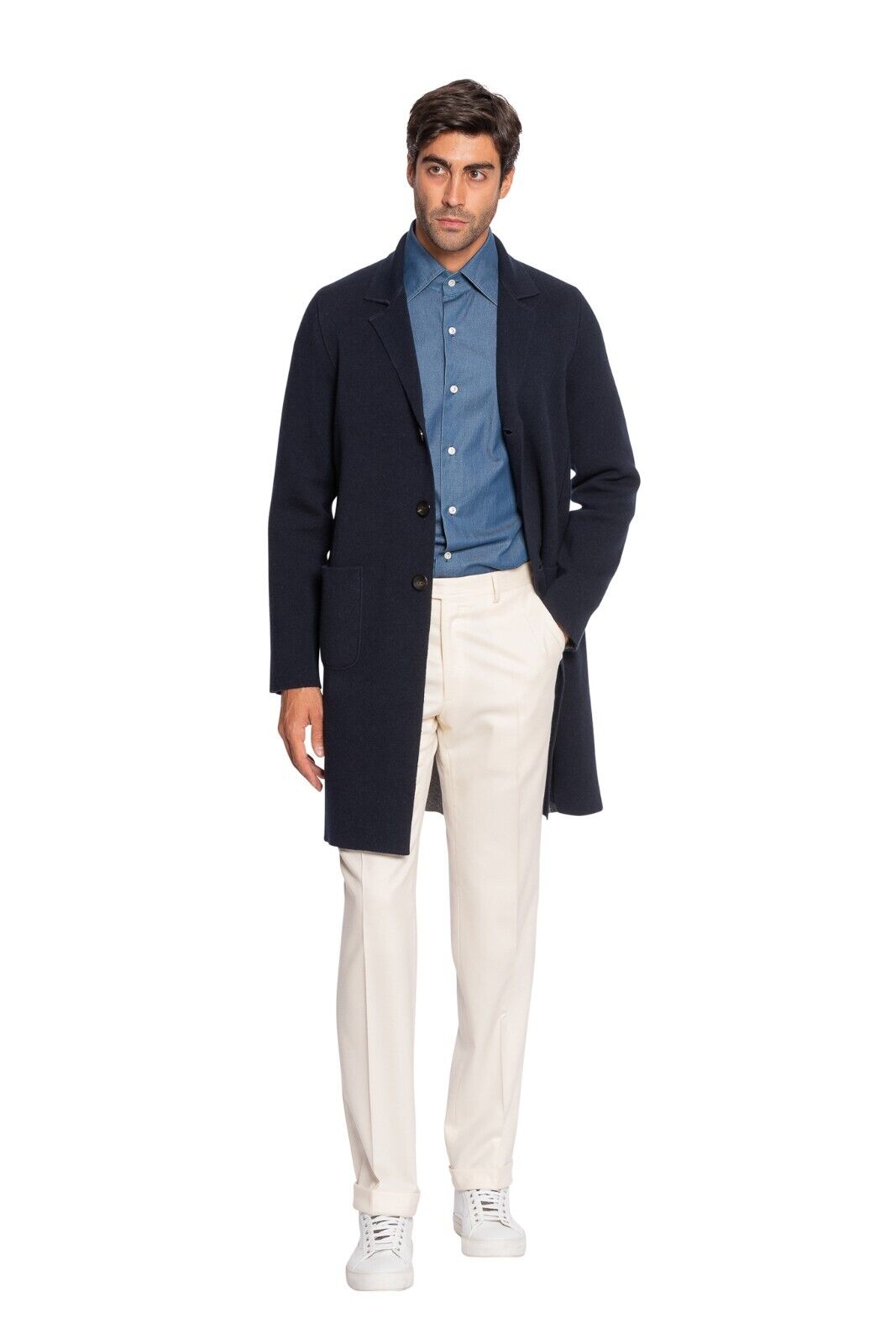 $1600 BOGLIOLI MILANO Dark Blue Long Coat Knit LLAMA & CASHMERE Size M
