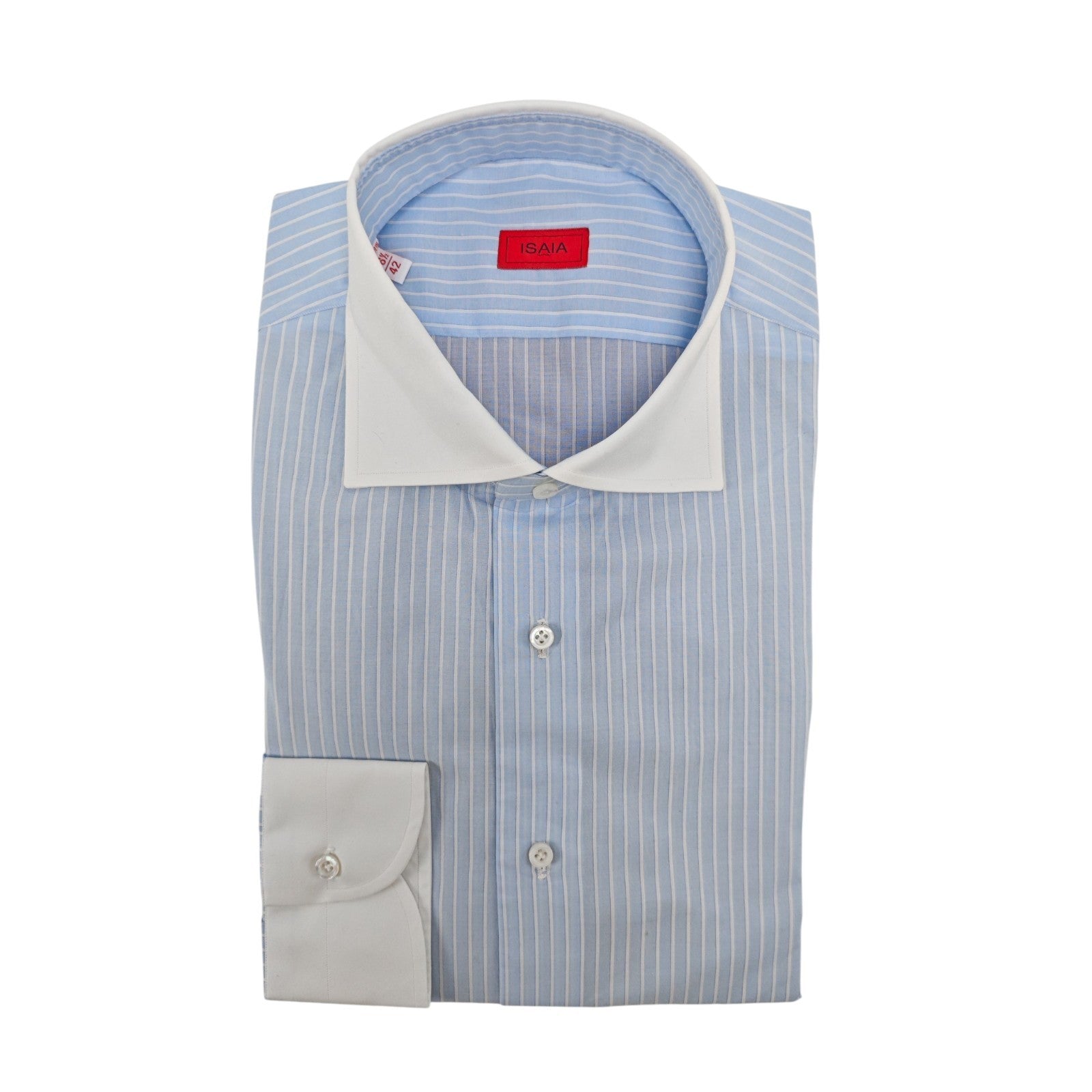 730$ ISAIA NAPOLI "Mix" Dress Shirt Contrast Blue Striped Fine Cotton 16.5 - 42