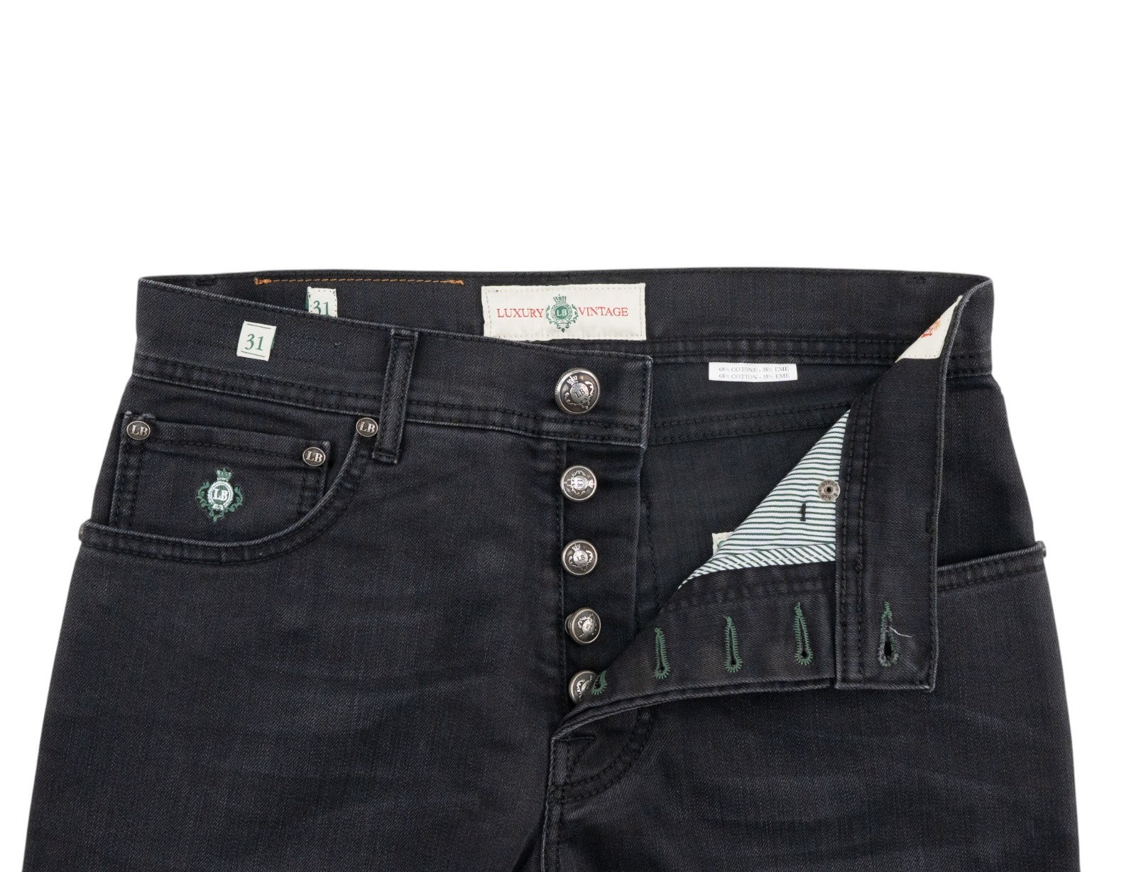 415$ LUIGI BORRELLI NAPOLI Solid Black Denim Jeans Pant Cotton 31 US / 47 EU