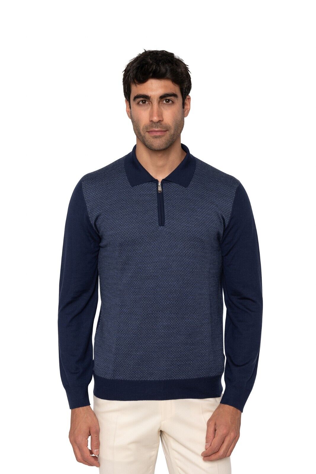 $1200 FEDELI CASHMERE Blue Sweater Half Zip Jacquard Fine Wool 140's 40 US 50 EU