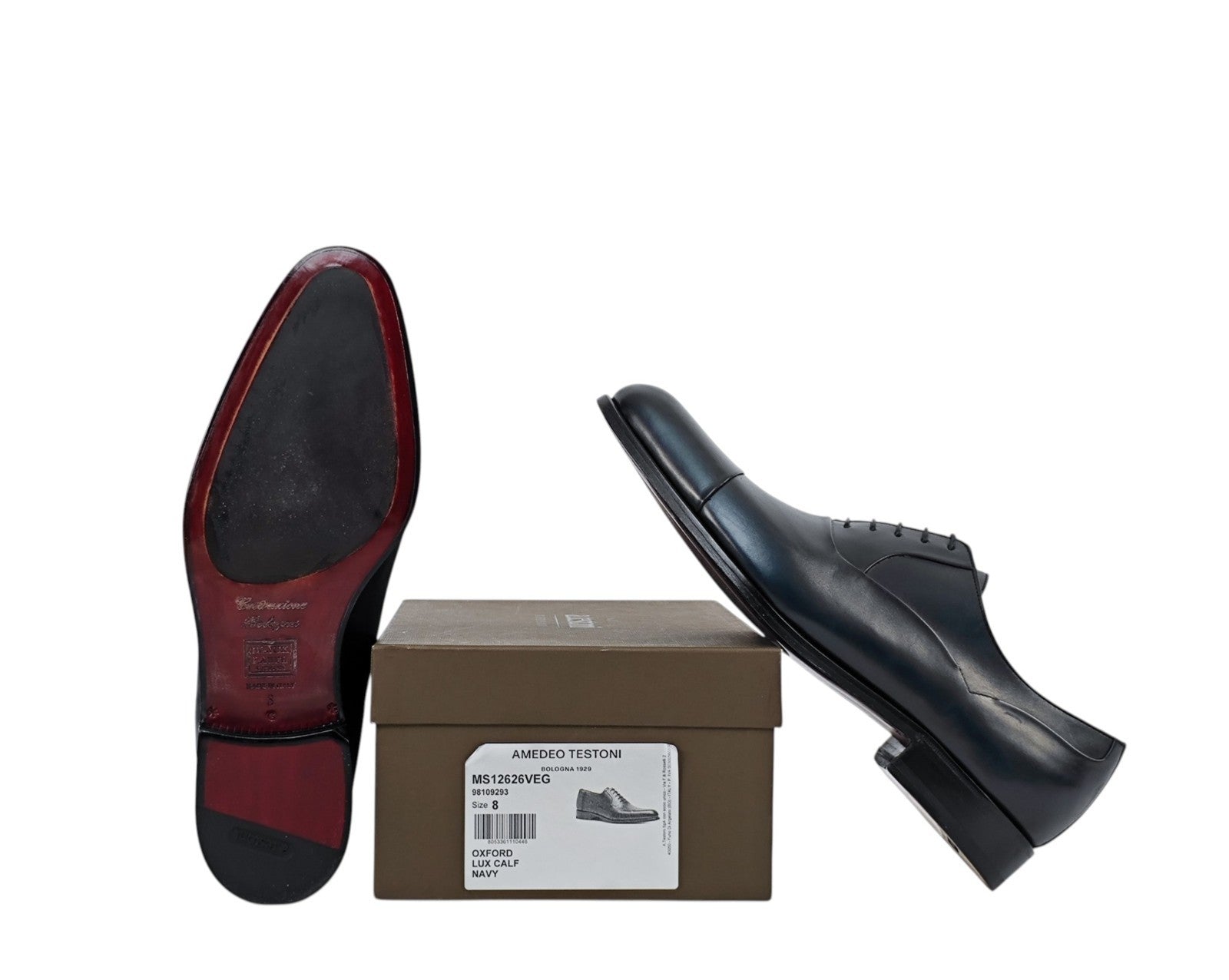 1250$ TESTONI Oxford Shoes Blue Bolognese Goodyear Lux Calf 8 UK / 9 US / 42 IT