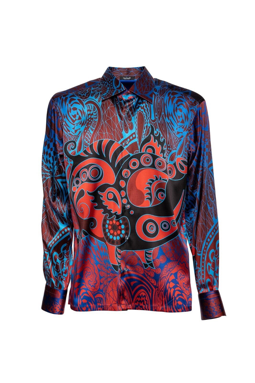 1400$ LUXURY ITALO FERRETTI Shirt Blue "ABSTRACT" 100% Satin COMO Silk L BIJAN