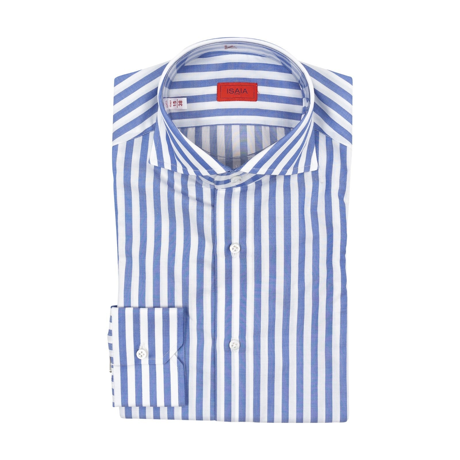 650$ ISAIA NAPOLI White & Blue Hand-Sewn Striped Dress Shirt Cotton 15 - 38