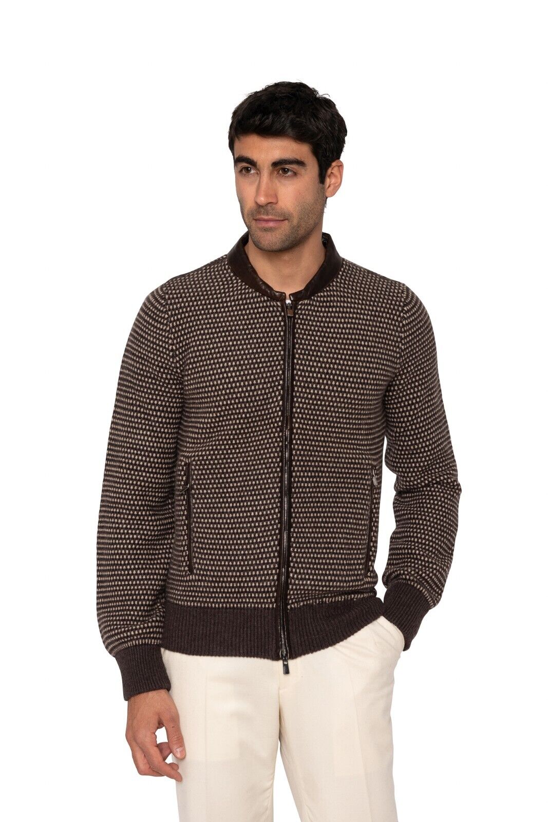 $2500 MANRICO CASHMERE Brown Cardigan Zip Thick 100% Cashmere / Lambskin Size S