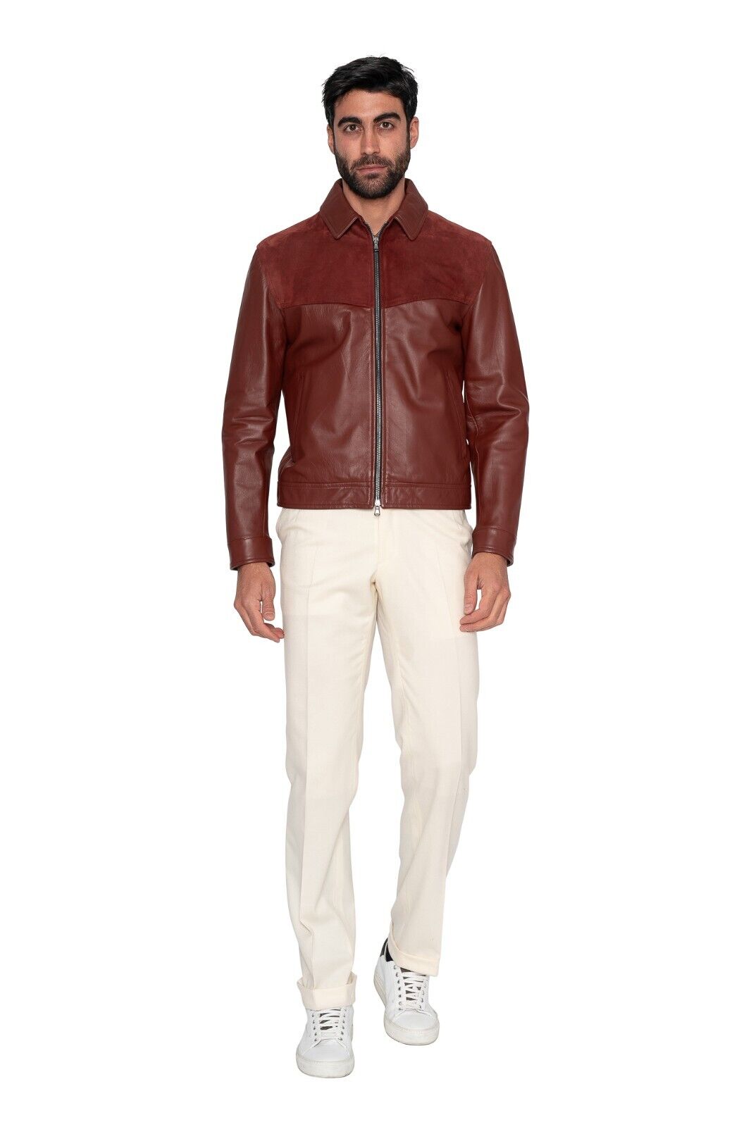 $2400 EIDOS by ISAIA NAPOLI Burgundy Jacket Nappa Leather + Suede 38 US / 48 EU