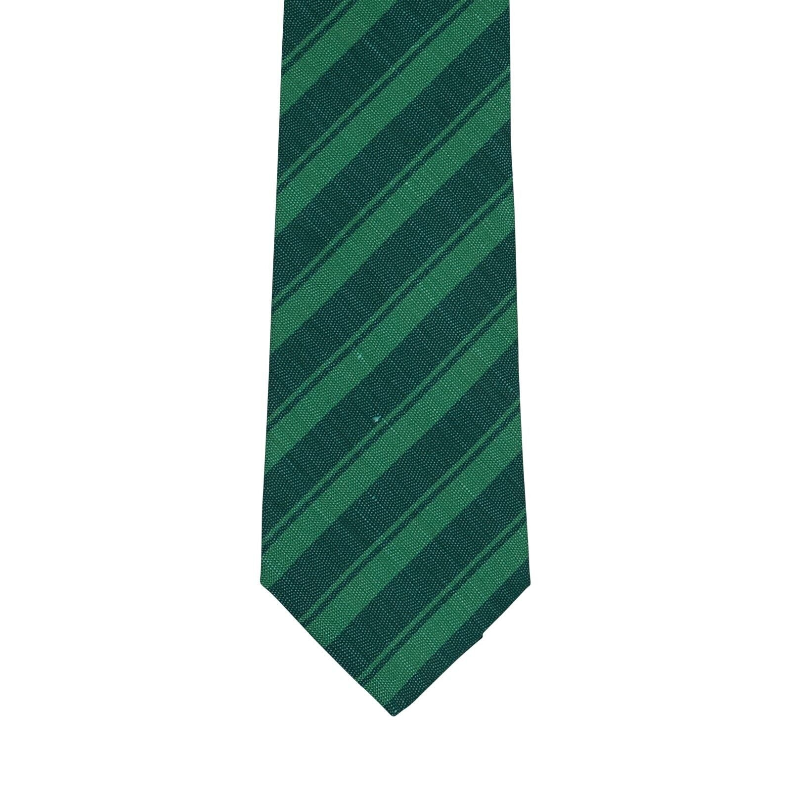 $330 KITON NAPOLI 7 - Fold Tie Regimental Green Silk / Linen 148cm - 8.5cm
