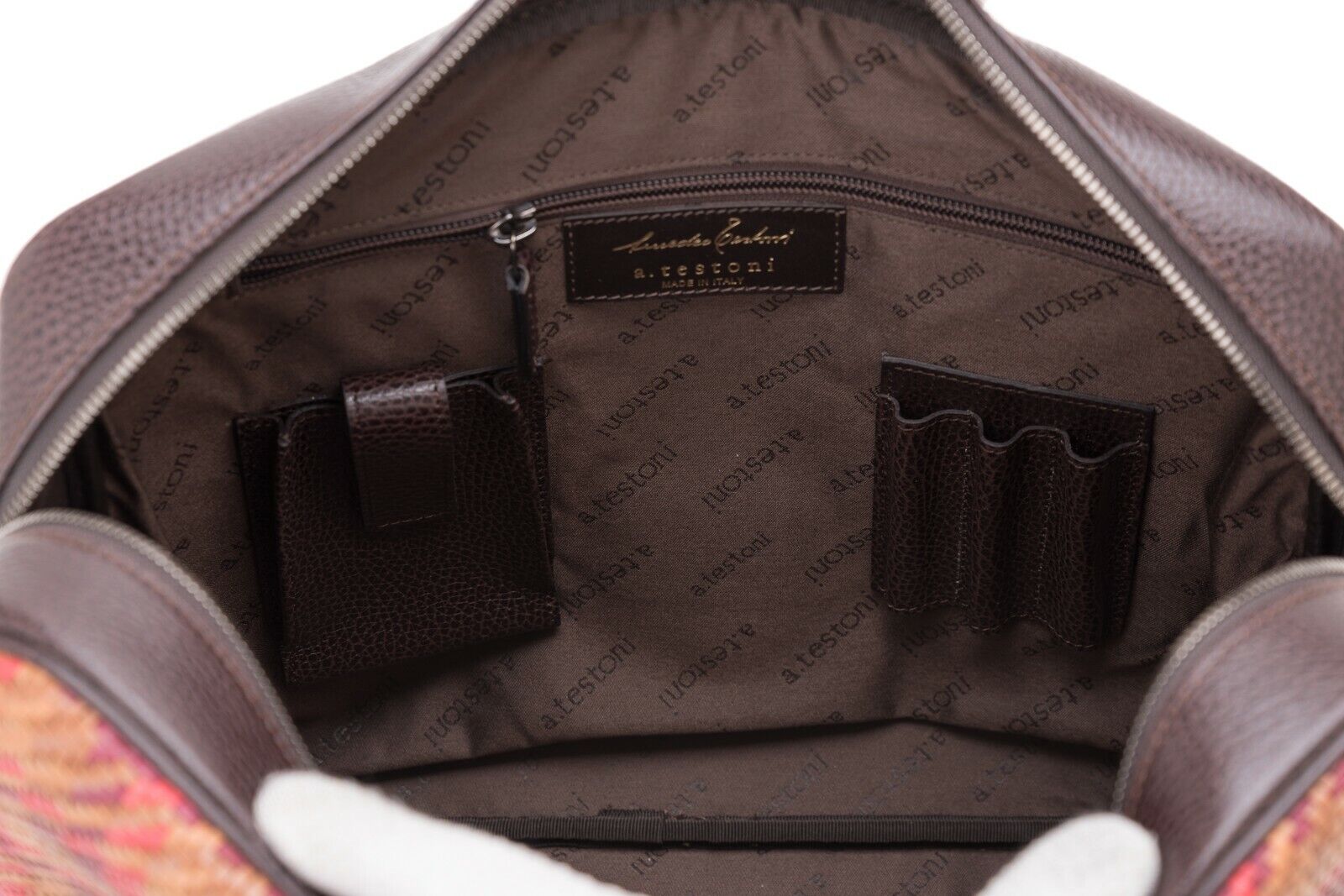 $1650 Testoni Bologna Brown Briefcase PC Case Bright Woven Karibu Calf