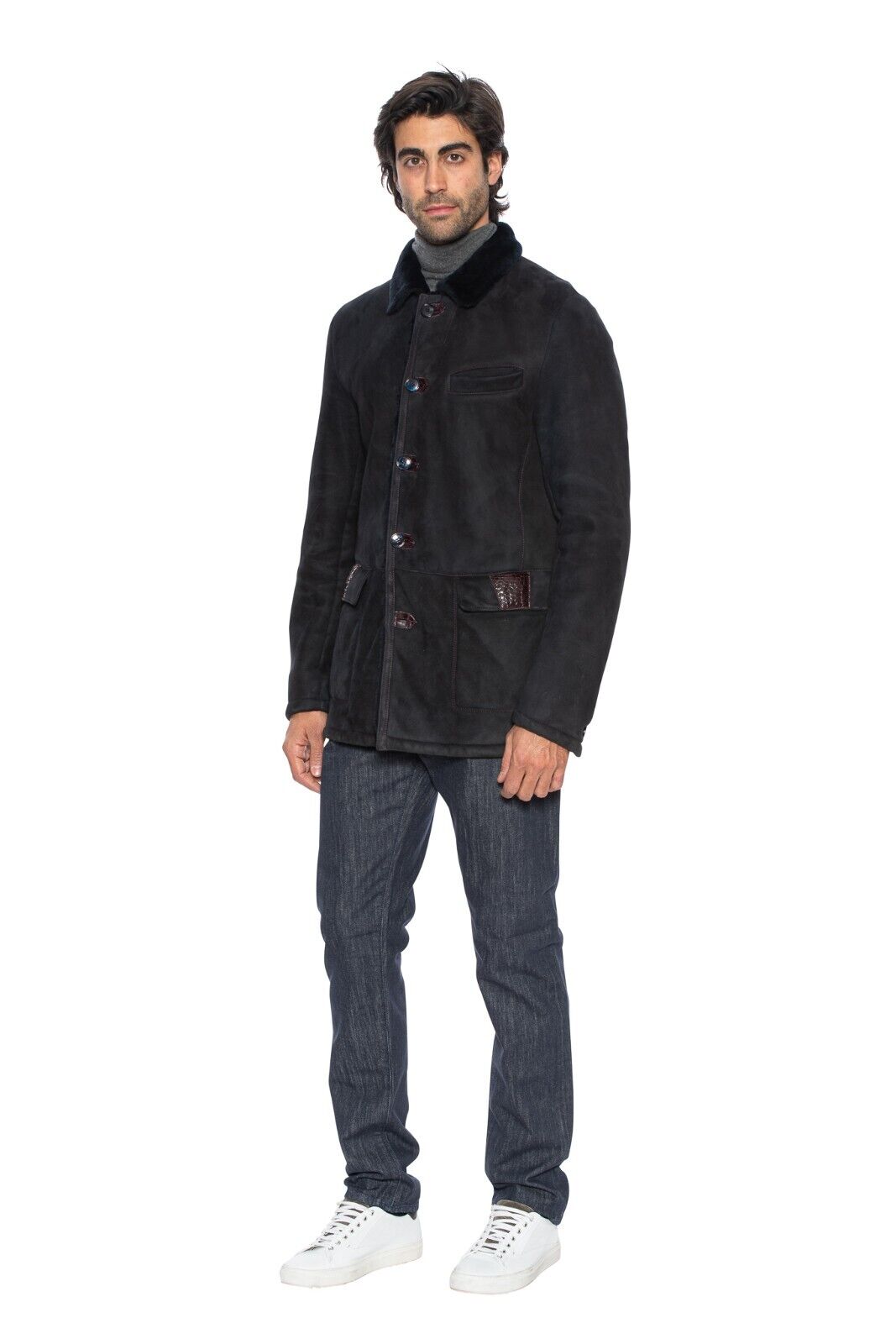 $11500 HETTABRETZ Dark Blue Leather Lambskin Fur Coat + Crocodile 40 US / 50 EU