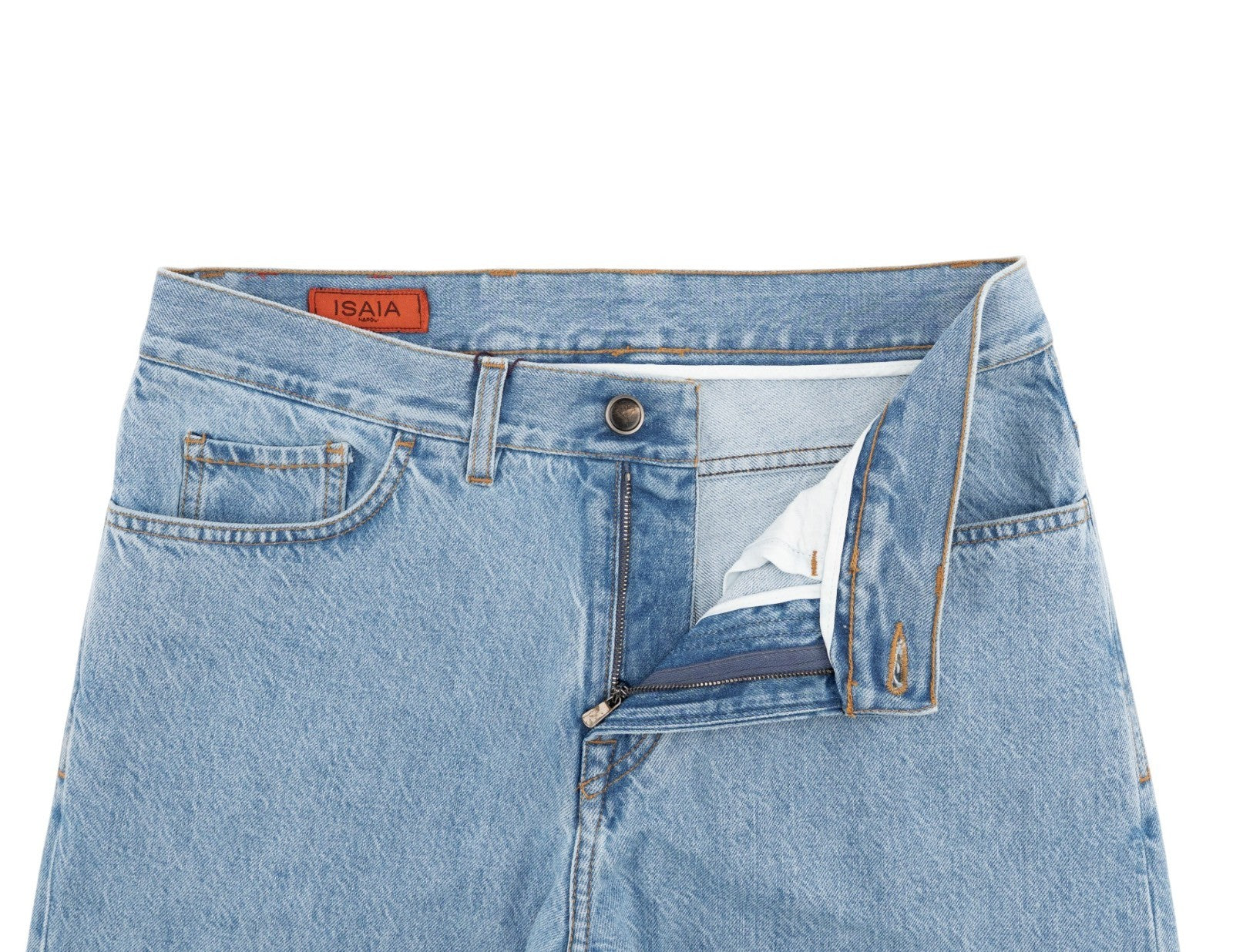 795$ ISAIA NAPOLI Light Blue Denim Jeans Pant Cotton - Leather Tag Straight Leg