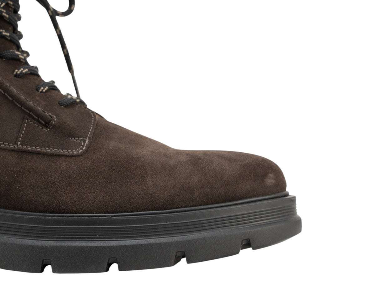 1550$ TESTONI Combat Boot Shoes Suede + Plain Calf Cigar 8 UK / 9 US / 42 IT