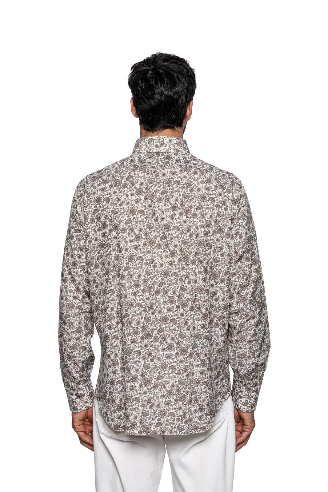 850$  LUXURY ITALO FERRETTI Shirt Brown "FLORAL" Cotton + Silk  Size L BIJAN