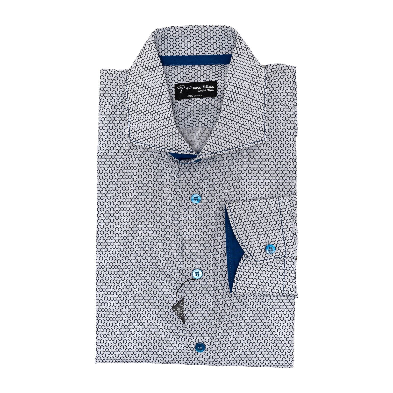 690$ LUXURY GERLIN Shirt Blue "DOT" Geometric Cotton 16 - 41 9E BIJAN