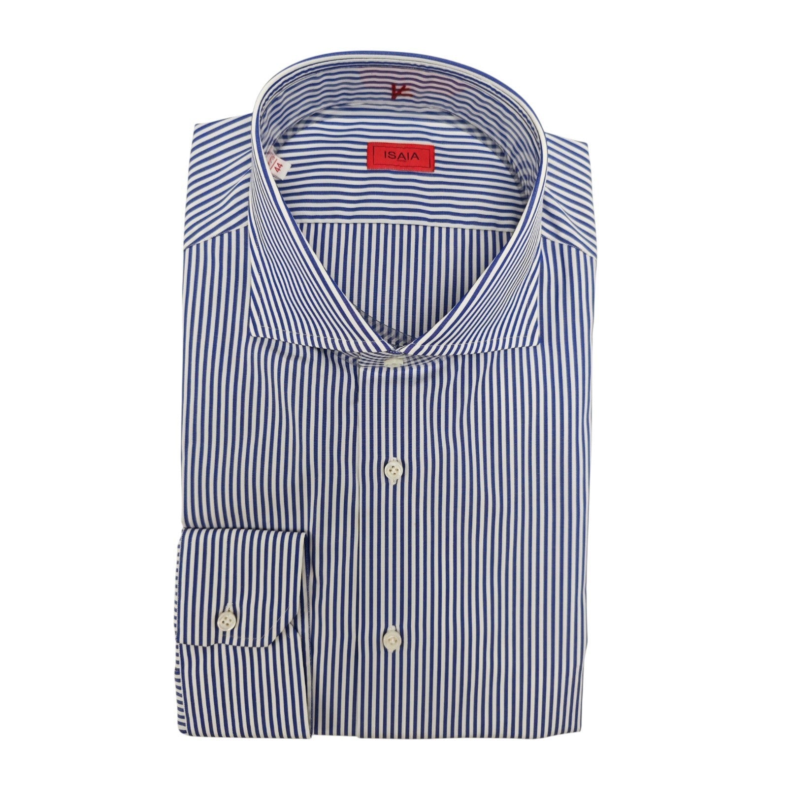 730$ ISAIA NAPOLI "Mix" Dress Shirt Blue Striped Oxford Cotton 17.5 - 44