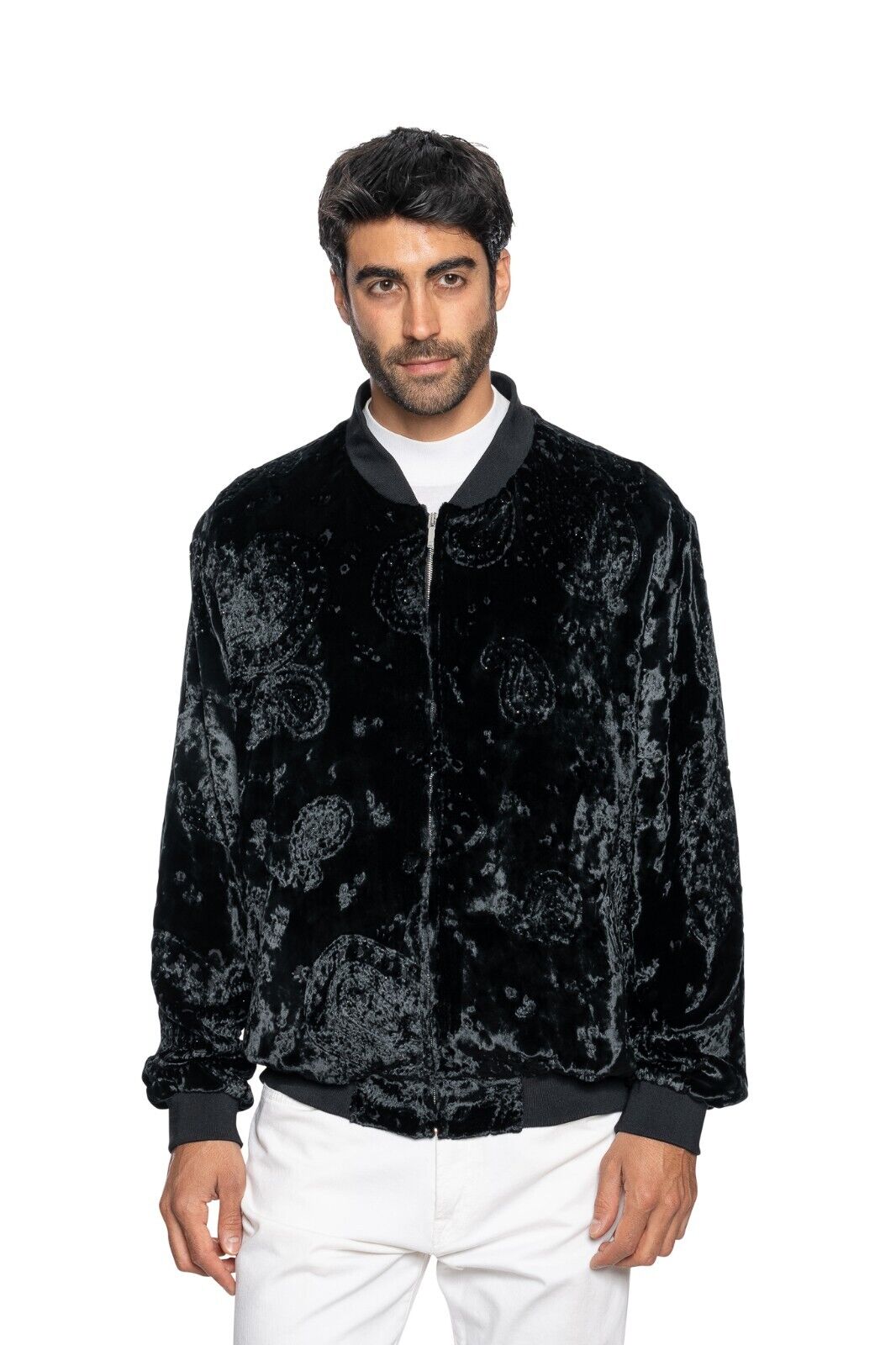 2000$ FABIO CAVIGLIA Bomber Jacket Velvet "STRASS" Lining in Silk 44 US / 54 EU