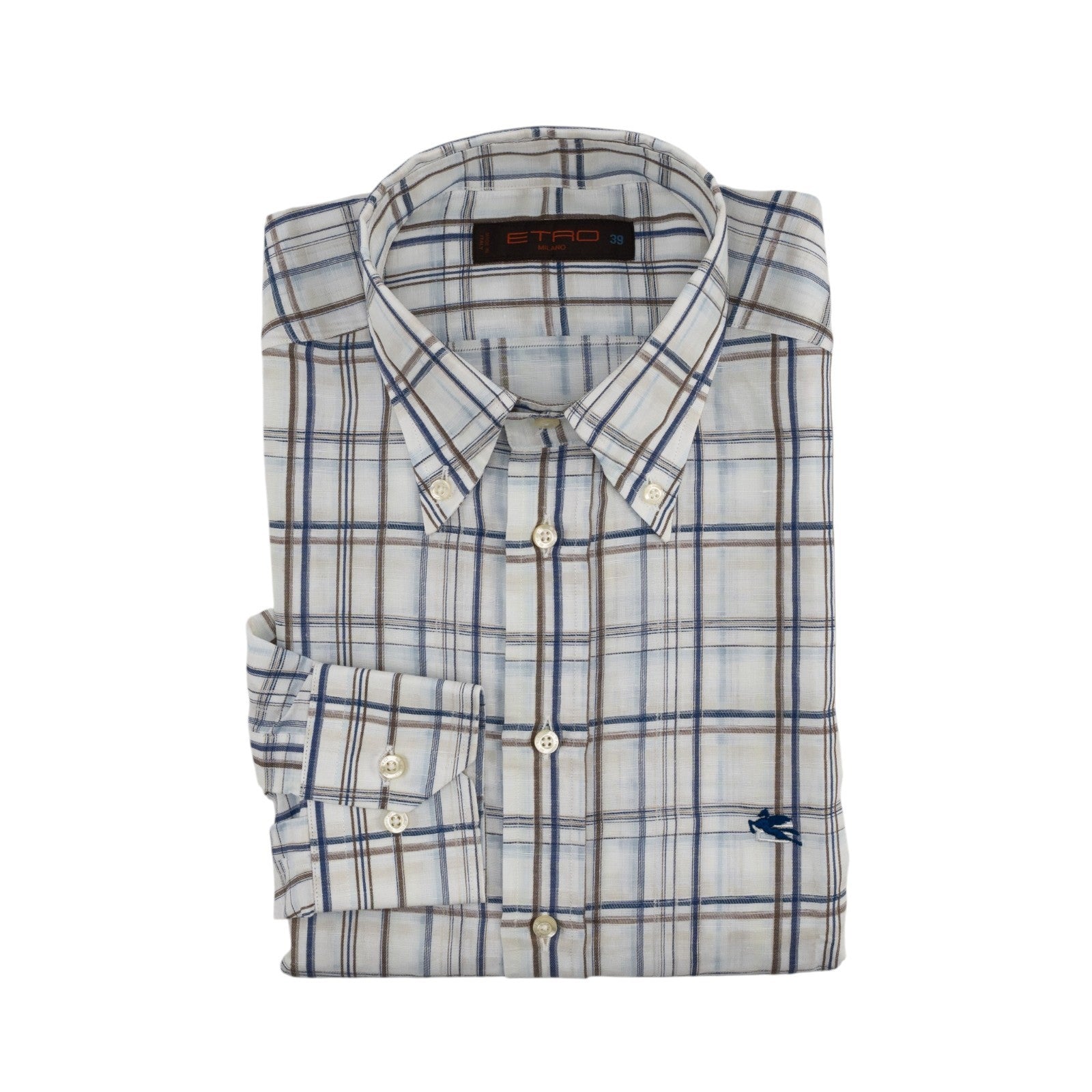 500$ ETRO MILANO Shirt Checks Blue Brown Button Down Linen Cotton Size 16.5 - 42
