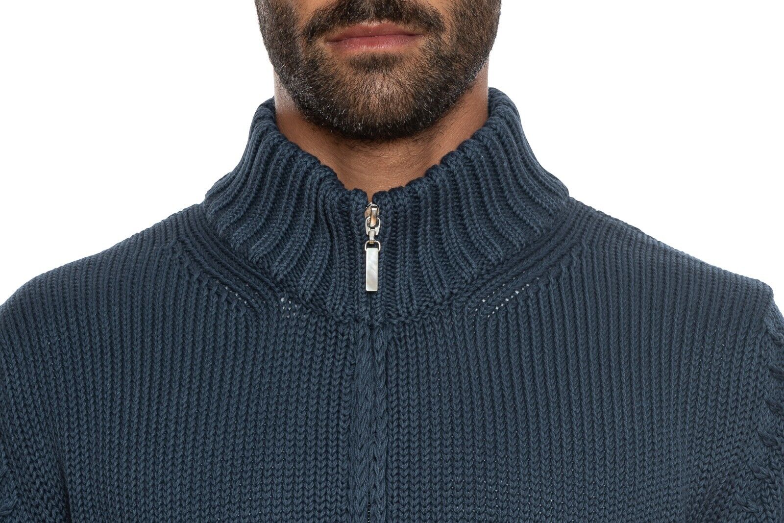 550$ DELLA CIANA CASHMERE Thick Bomber Cardigan Cable Knit Heavy Cotton Dark Blu