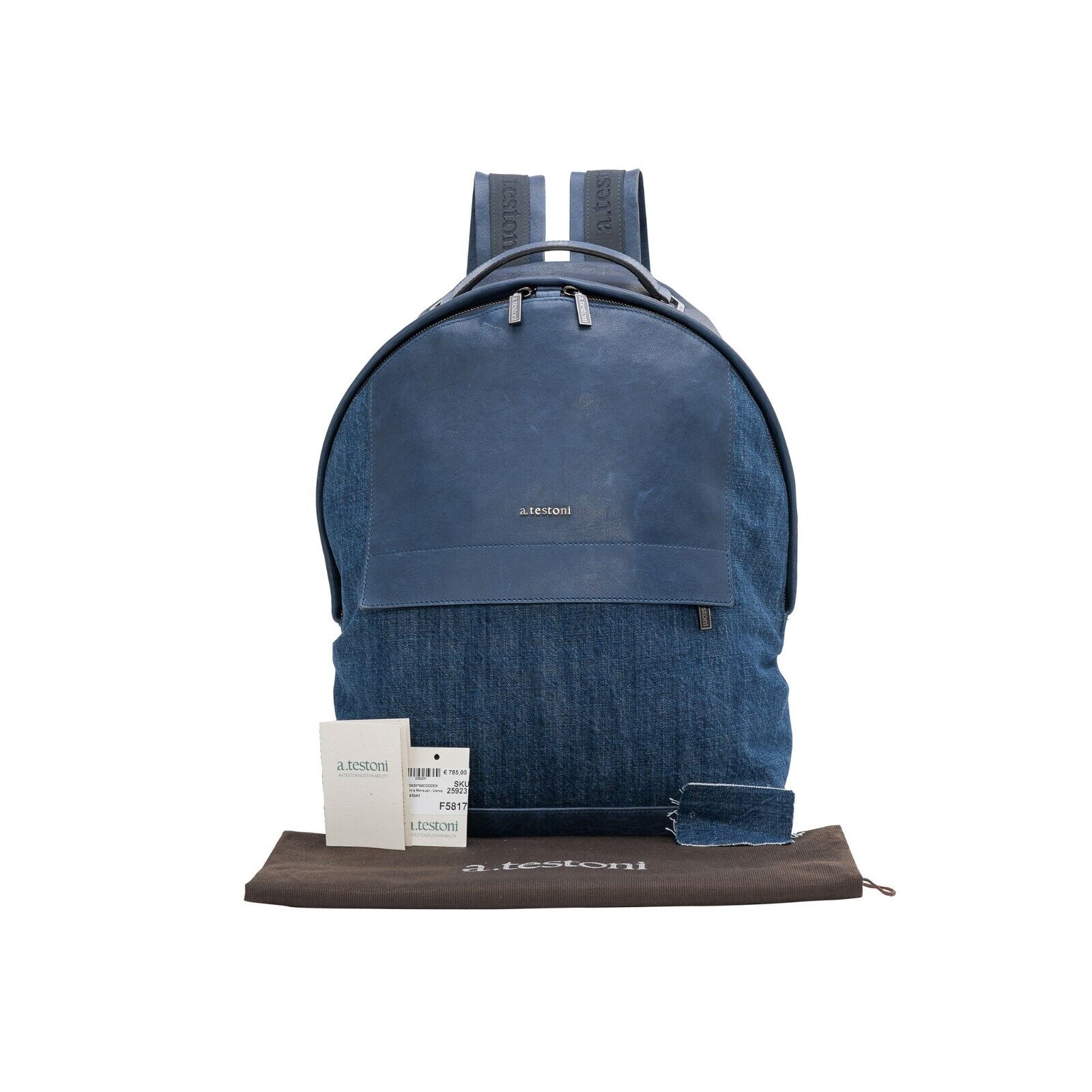 $960 Testoni Bologna Blue Indigo Luxury Backpack Jeans Denim + Washed Lambskin