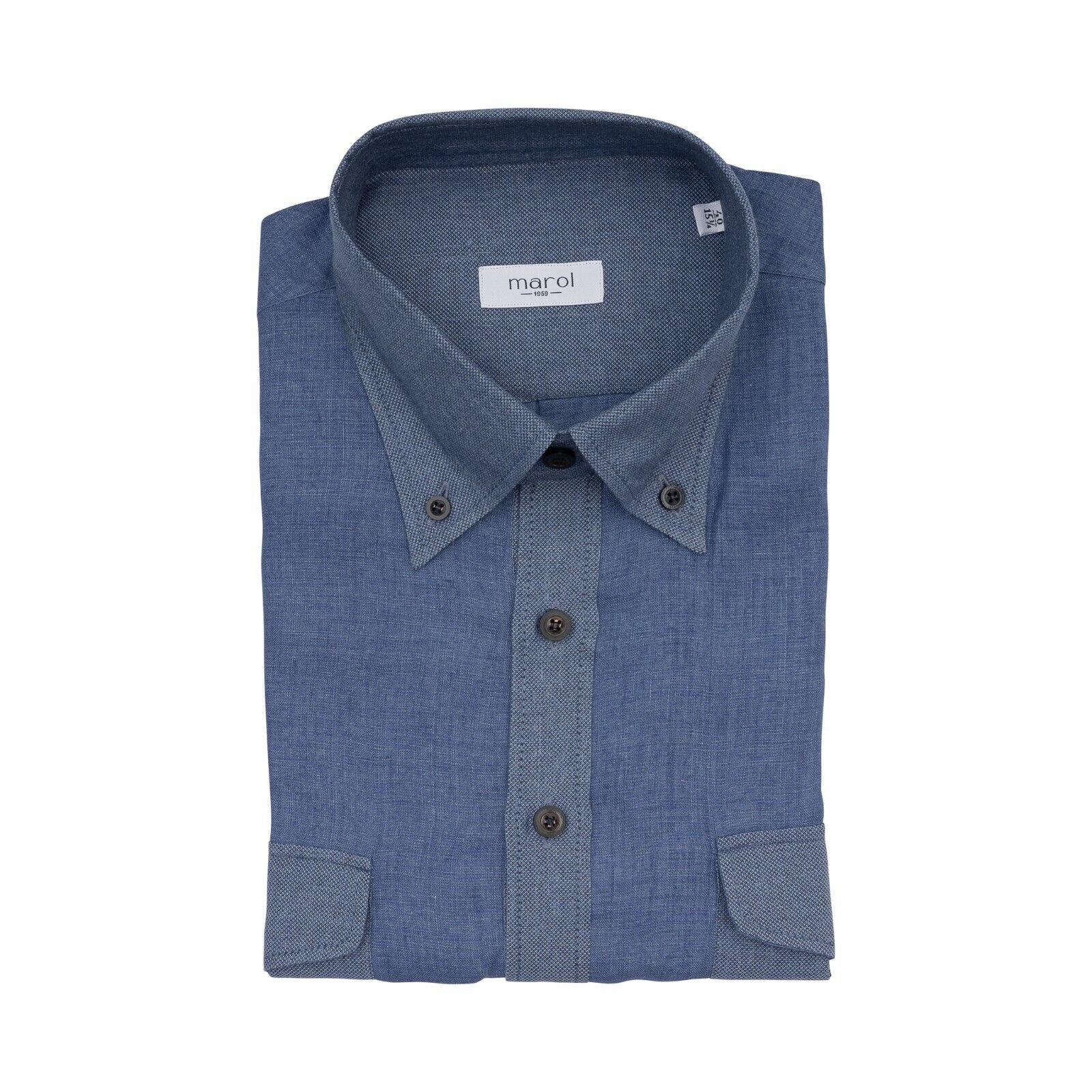 1400$ LUXURY MAROL BOLOGNA Short Sleeve Shirt Blue 100% Linen  15.75 - 40