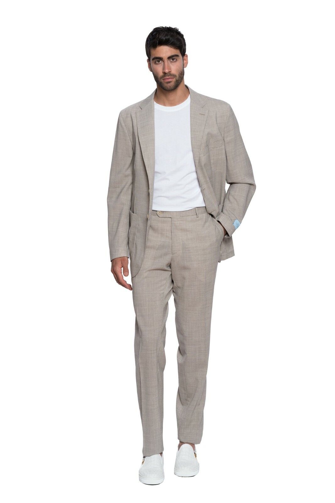 $2790 Belvest Brown Micro Houndstooth Suit Ultra Light Wool 7R Slim Fit
