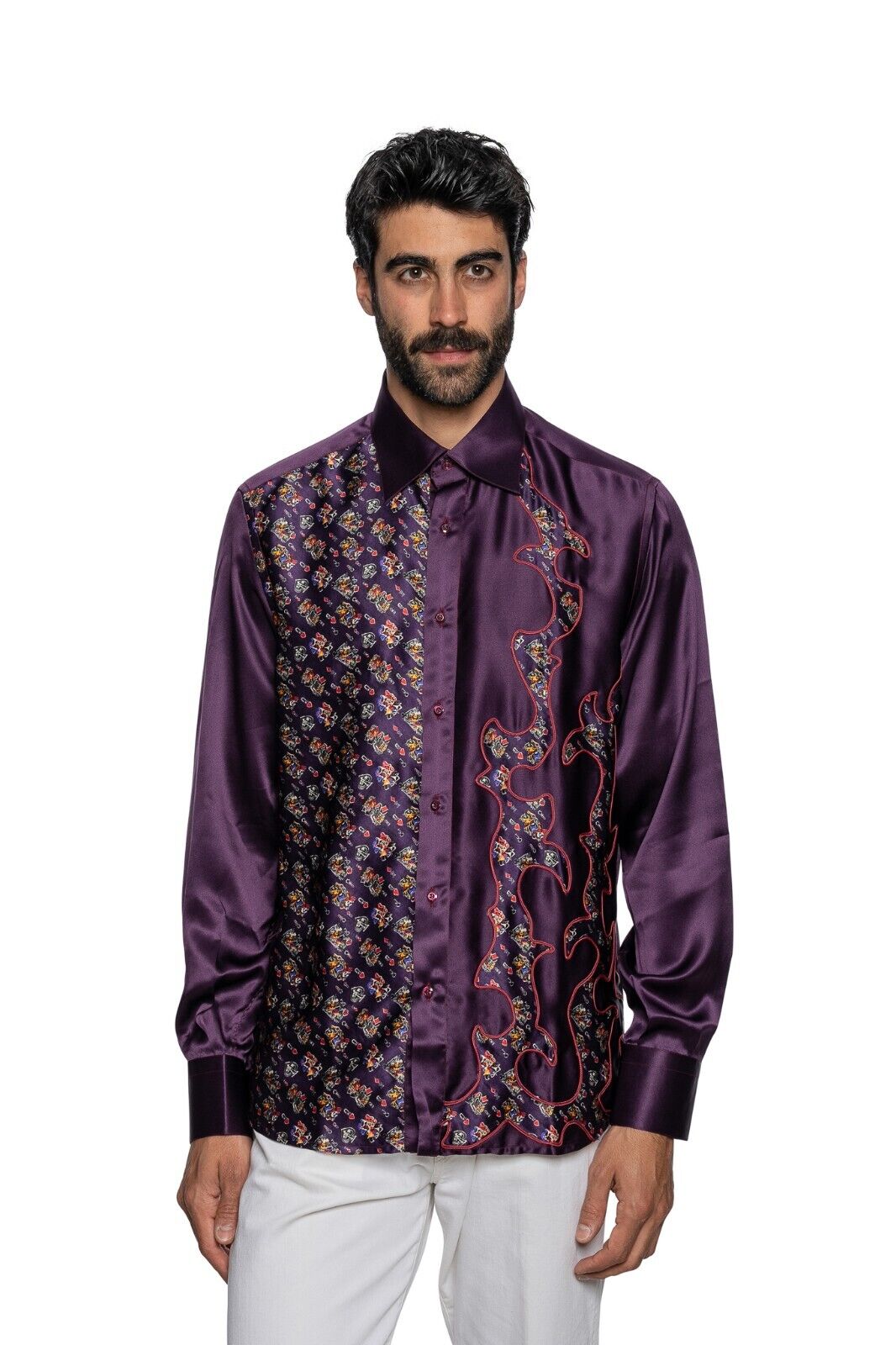 ITALIAN LUXURY 1400$ GERLIN Shirt Purple "POKER PATCH" 100% Silk 16-41 BIJAN