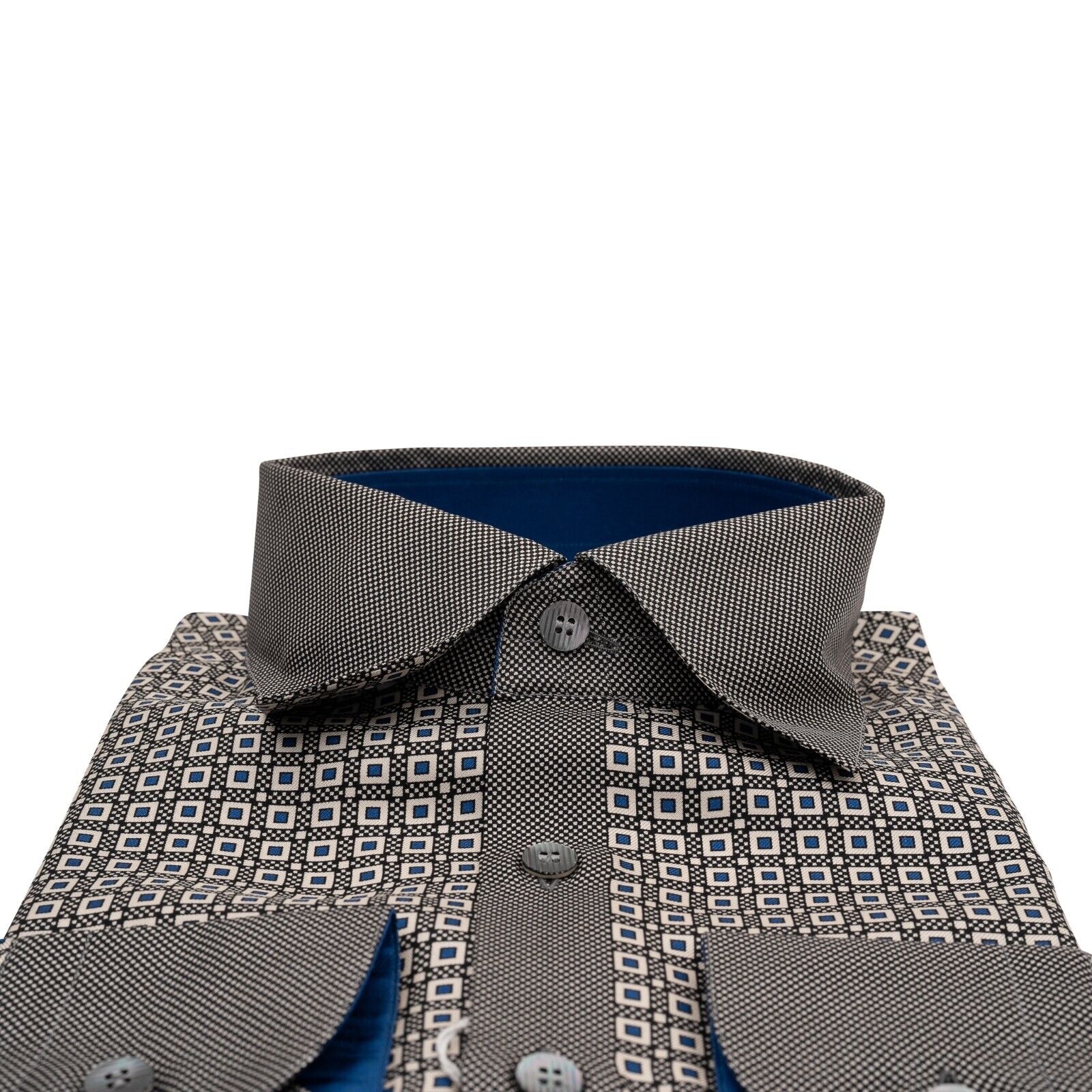 1400$ MAROL BOLOGNA Geometric Shirt Gray / Blue 100% COMO SILK Satin 15.75 - 40