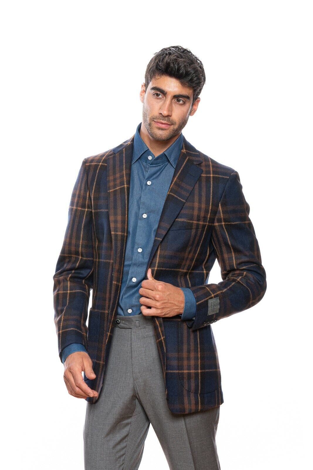 $2045 BELVEST Check Blue Rust Wool Jacket Blazer 42 US / 52 EU Drop 7R F/W 2018