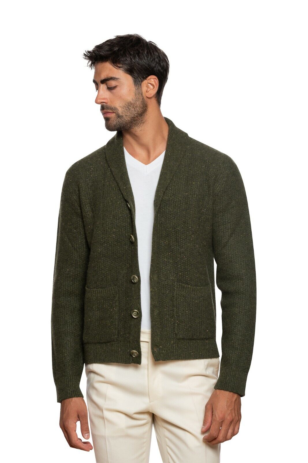 $1300 FEDELI CASHMERE Green Cardigan Thick 100% Cashmere Ribbed 40 US / 50 EU