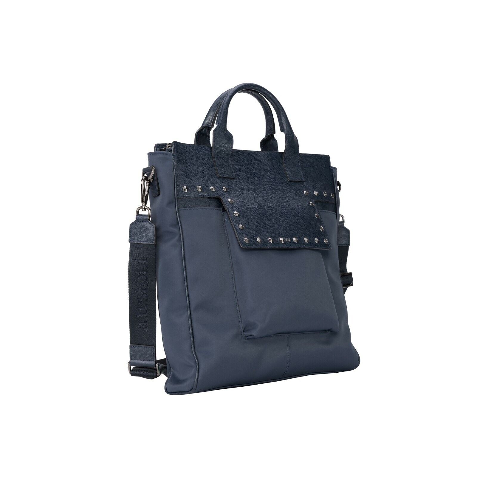 $1340 Testoni Bologna Shopping Bag with Studs Blue Karibu Calf + Fabric