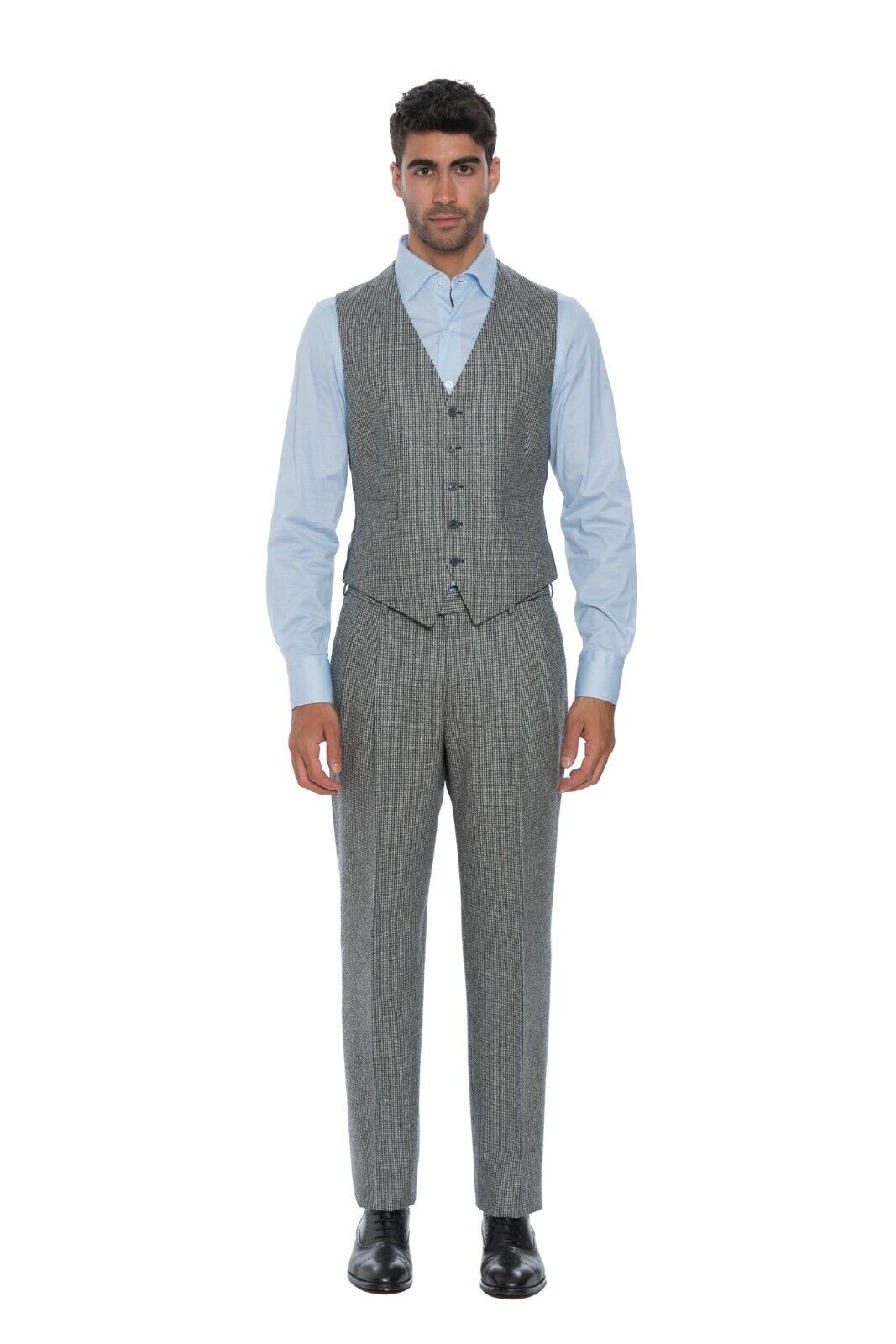 $1250 Belvest Houndstooth Gray Suit Vest + Pant Flannel Wool 100's 7R
