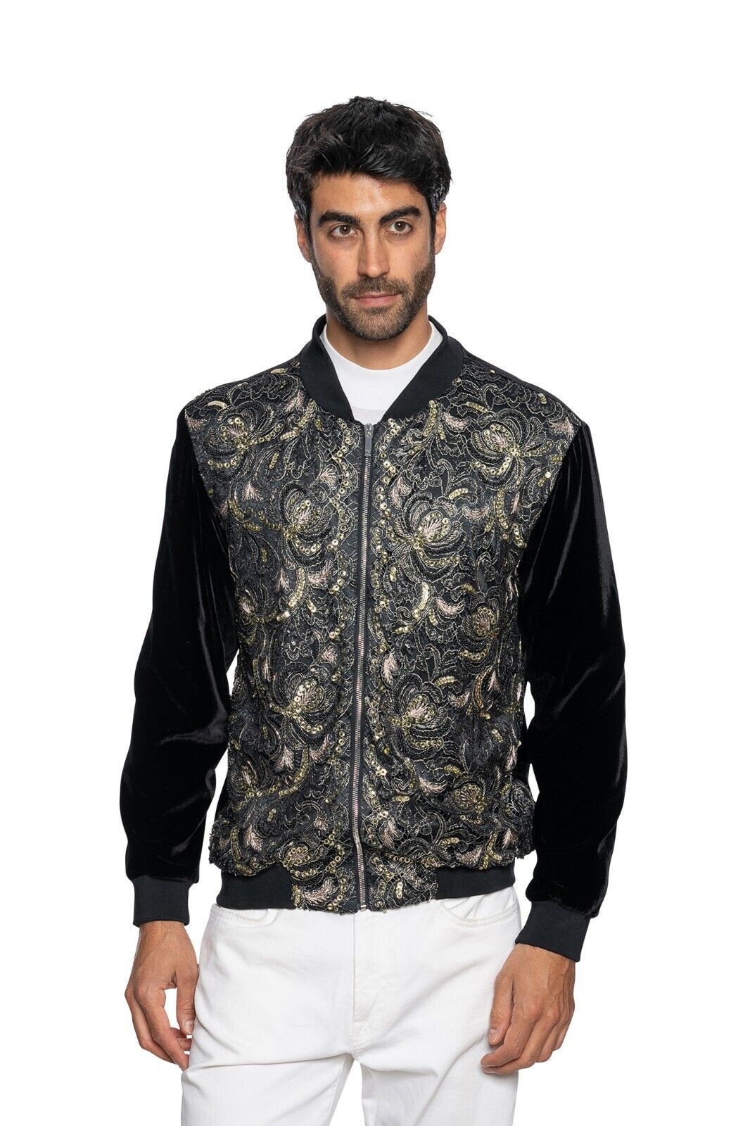 2000$ ITALO FERRETTI Bomber Jacket Velvet "PAYETTES" Lining Silk 40 US / 50 EU