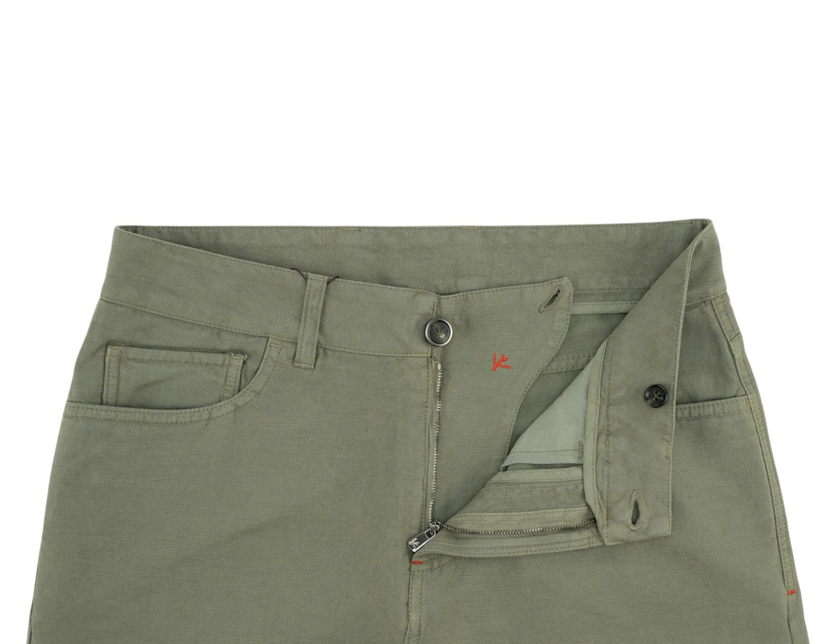 690$ ISAIA NAPOLI Olive Green 5 Pocket Trouser Pant Cotton Linen 32 US / 48 EU