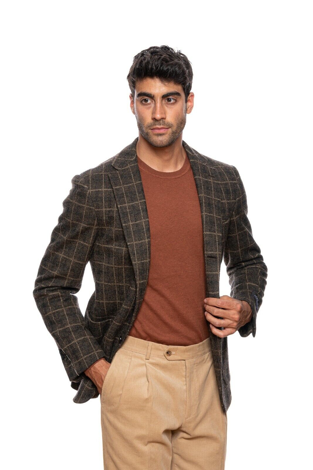 $2380 BELVEST Brown Wool Blend Windowpane Jacket 42 US / 52 EU Drop 8R  F/W 2018