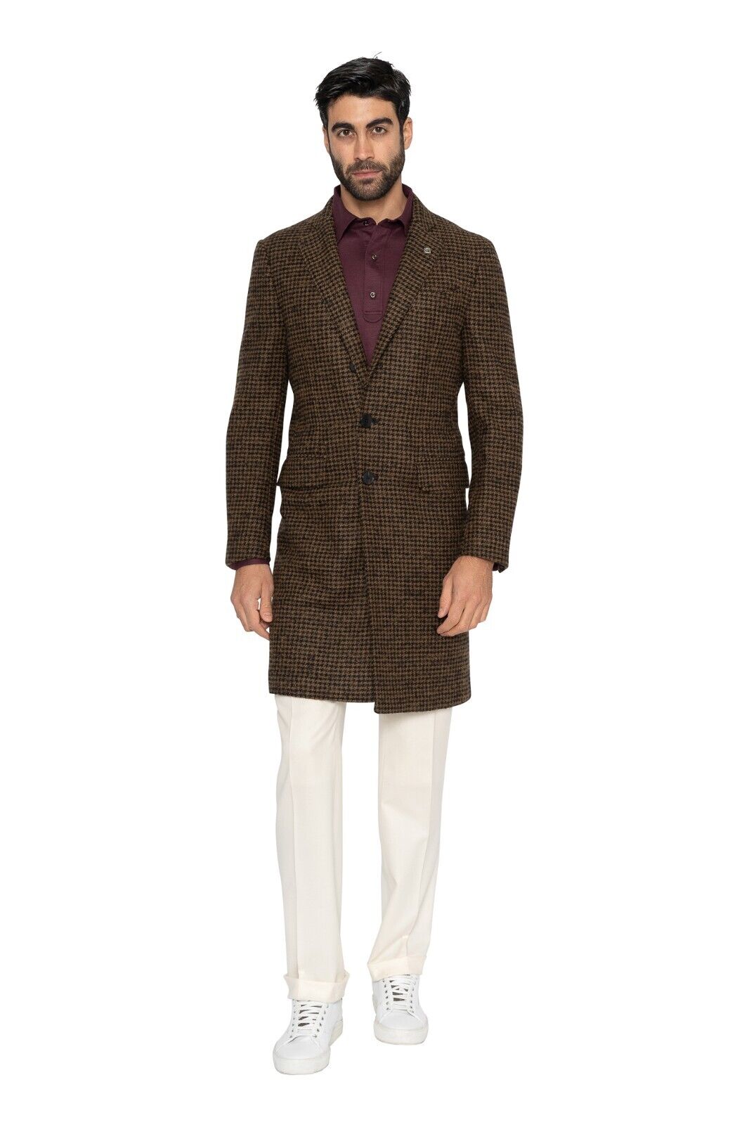 $1300 EIDOS by ISAIA NAPOLI Brown Houndstooth Overcoat Wool Mohair 38 US / 48 EU