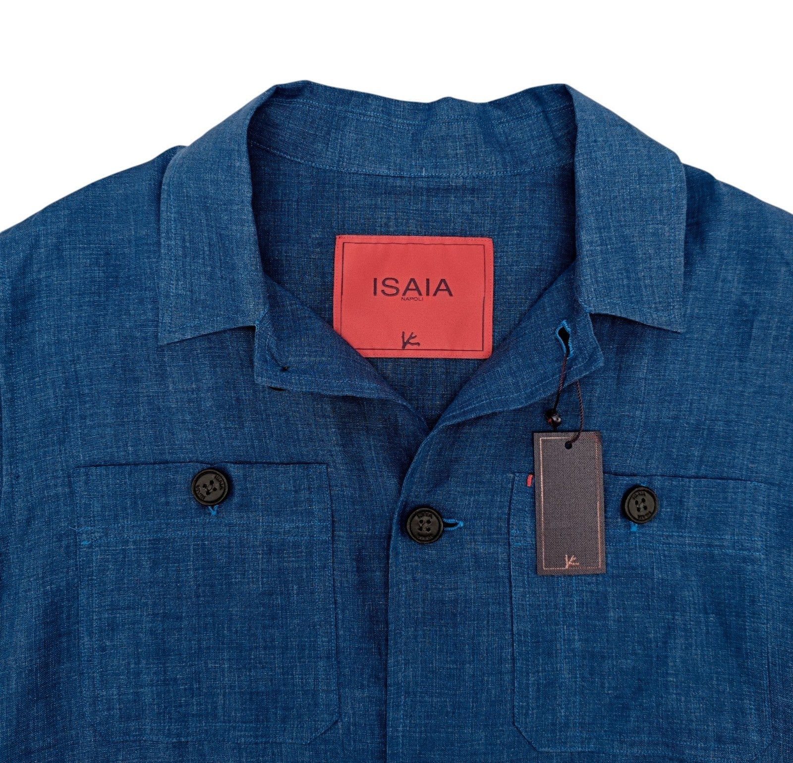 $1450 ISAIA NAPOLI Blue Hand-Sewn Jacket Shirt 100% Linen 36 US / 46 EU