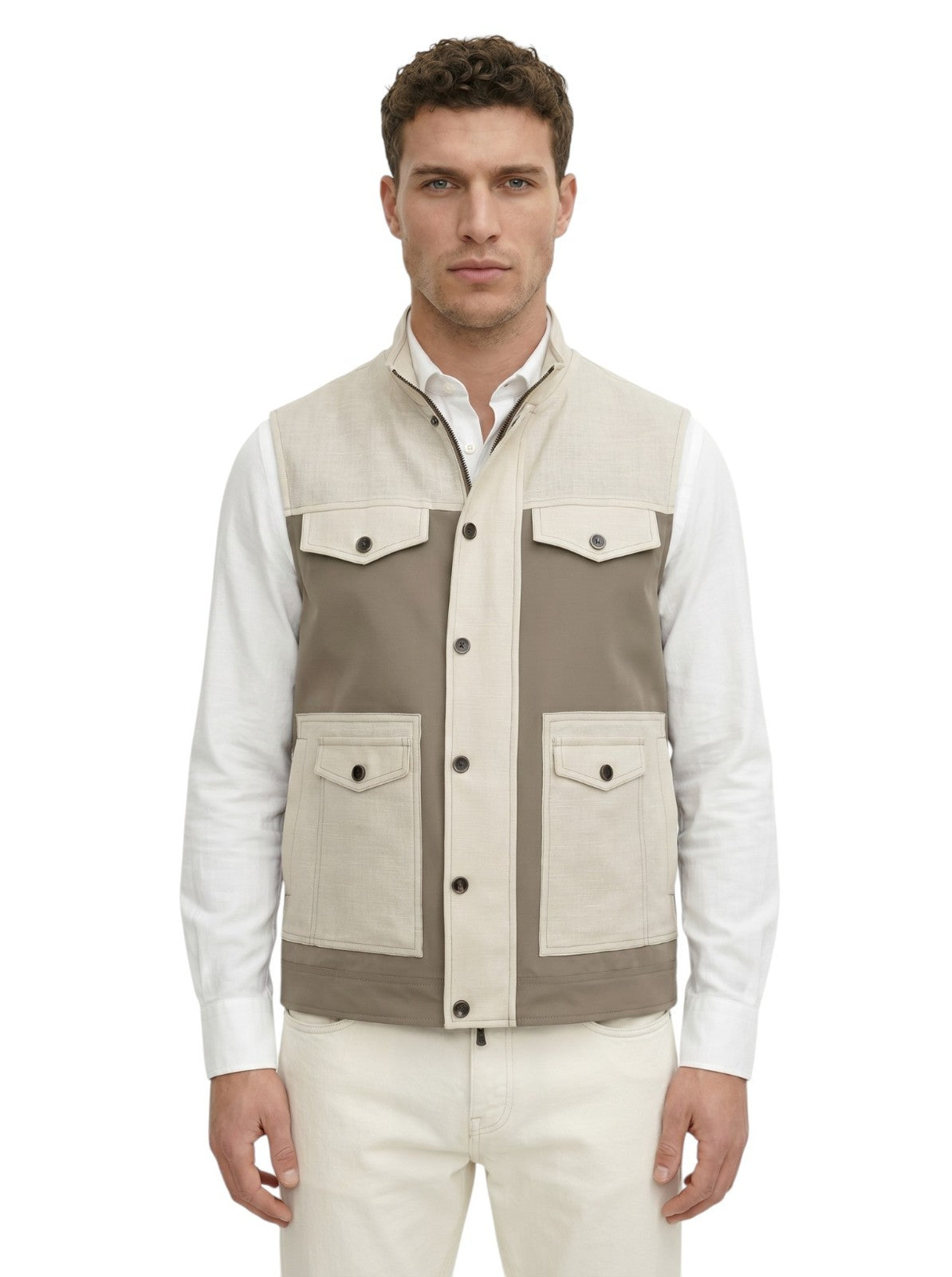 $3100 ISAIA Beige / Ivory Field Vest Jacket Techno Wool - Linen 38 US / 48 EU R