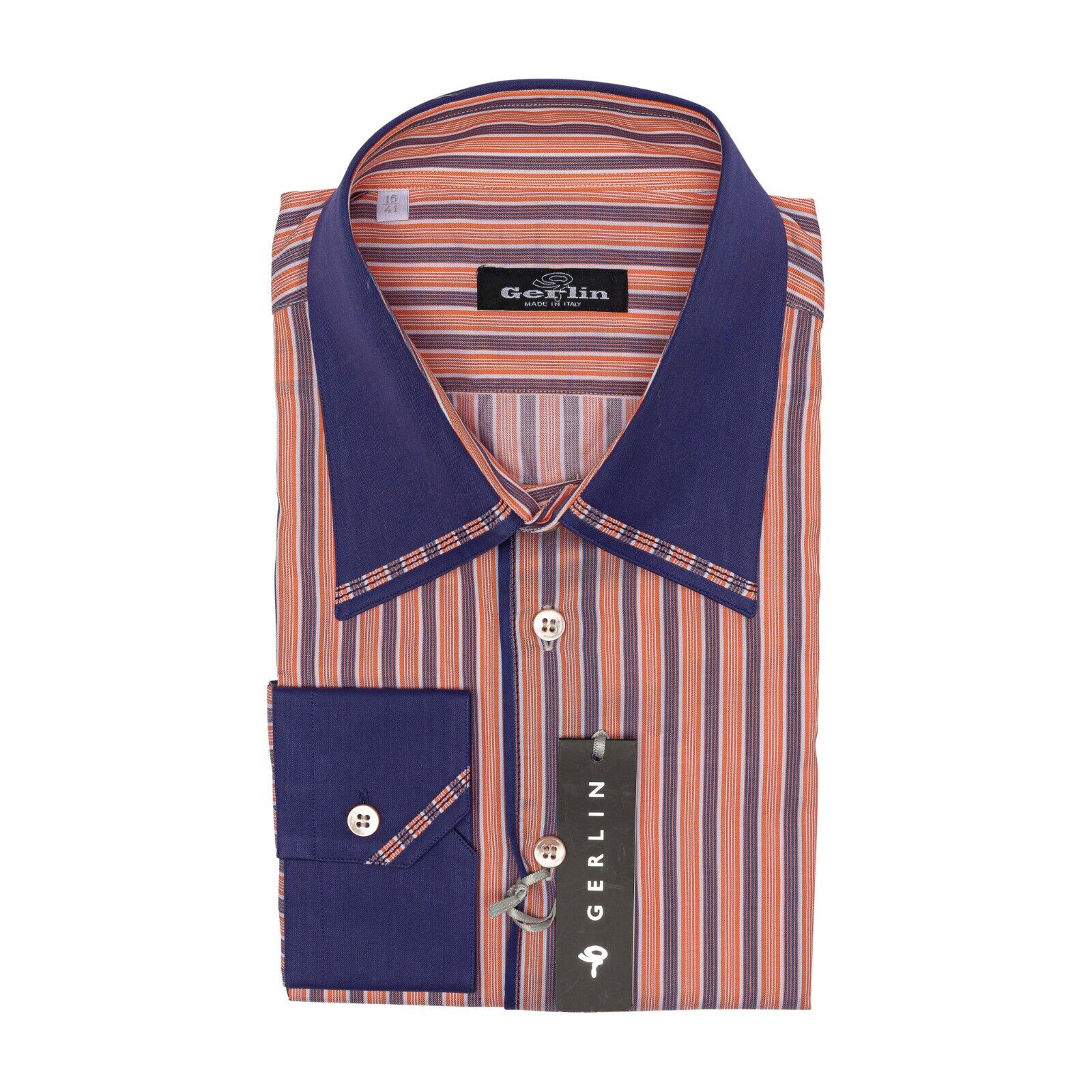 690$ LUXURY GERLIN Shirt Striped Orange ALUMO Cotton 16 - 41  3D ZILLI