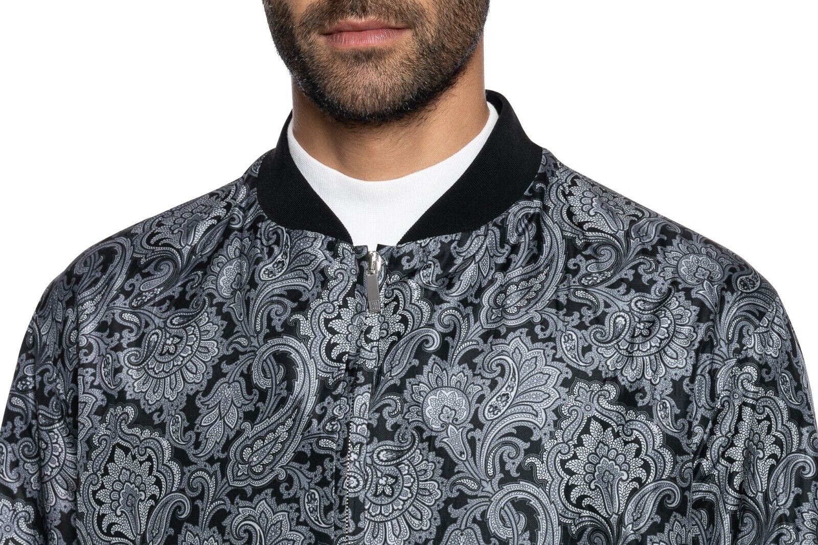 2000$ ITALO FERRETTI Bomber Jacket Gray "DAMASK" 100% Silk 42 US / 52 EU BIJAN