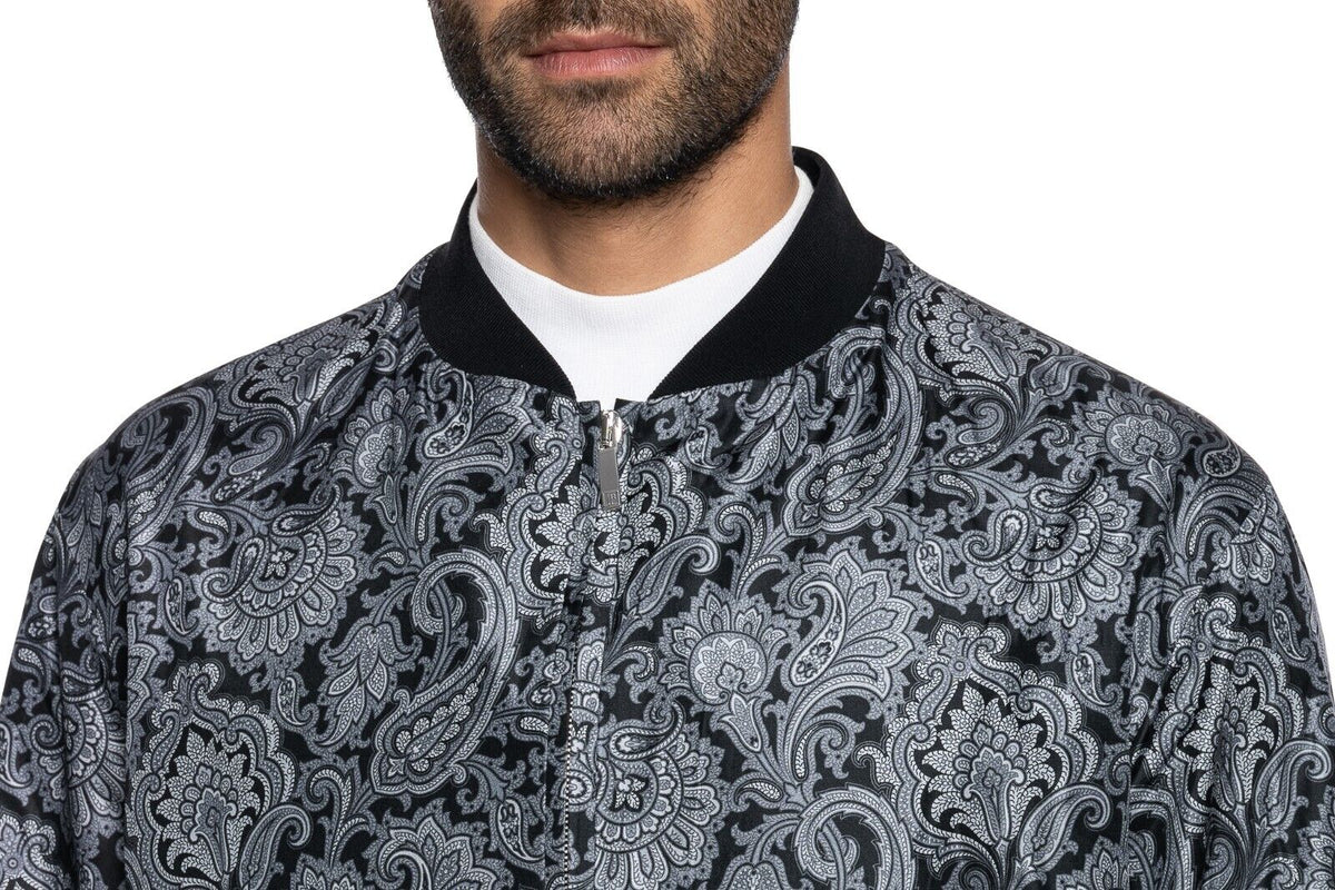 2000$ ITALO FERRETTI Bomber Jacket Gray "DAMASK" 100% Silk 42 US / 52 EU BIJAN