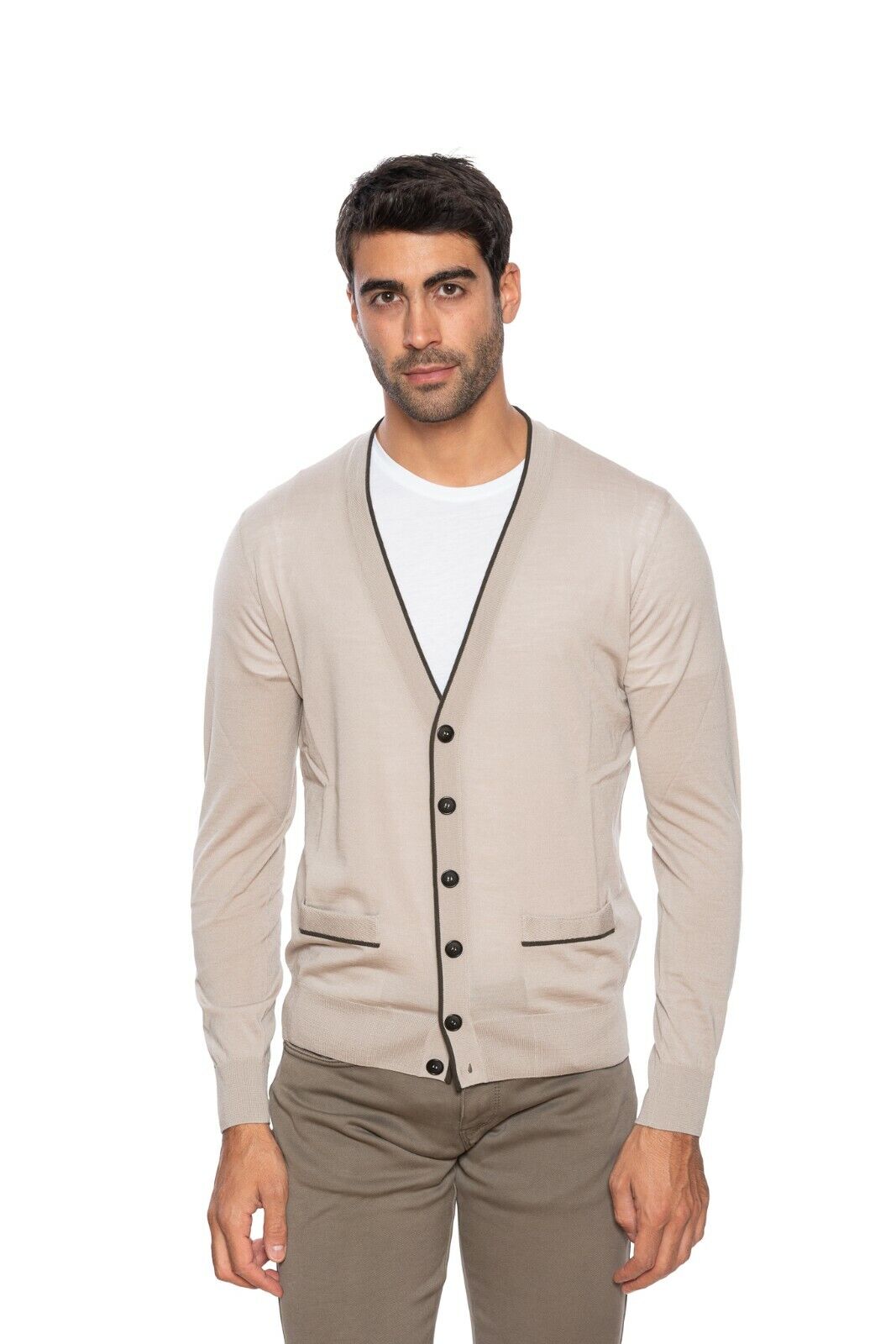 980$ GIORGIO ARMANI Cardigan Virgin Wool Light Beige 38 US / 48 EU Regular