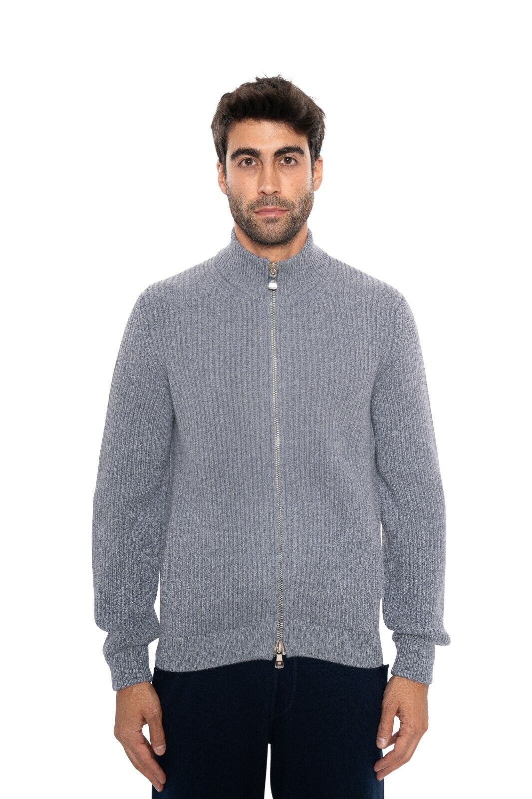 $2200 FEDELI Gray / Blue Cardigan Jacket Zip 100% Cashmere Malfilè 40 US / 50 EU