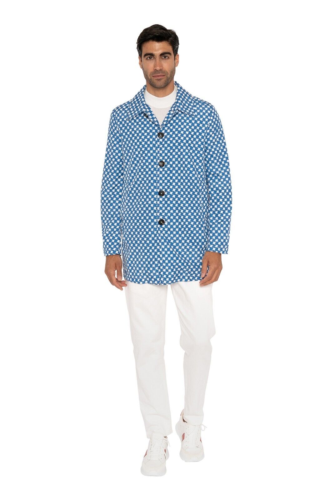 $2200 ISAIA NAPOLI Blue Houndstooth Trench Coat Carcoat Poly 38 US / 48 EU
