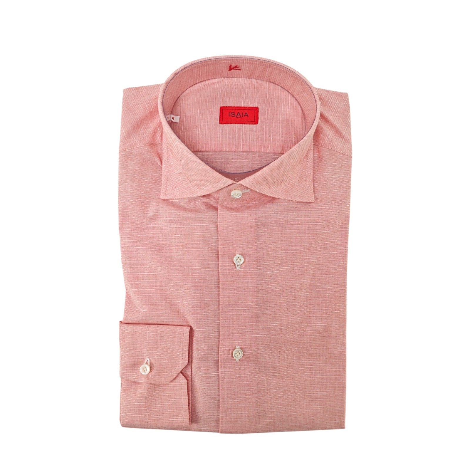 765$ ISAIA NAPOLI "Mix" Salmon Dress Shirt Hand-Sewn Cotton Linen 15.5 - 39