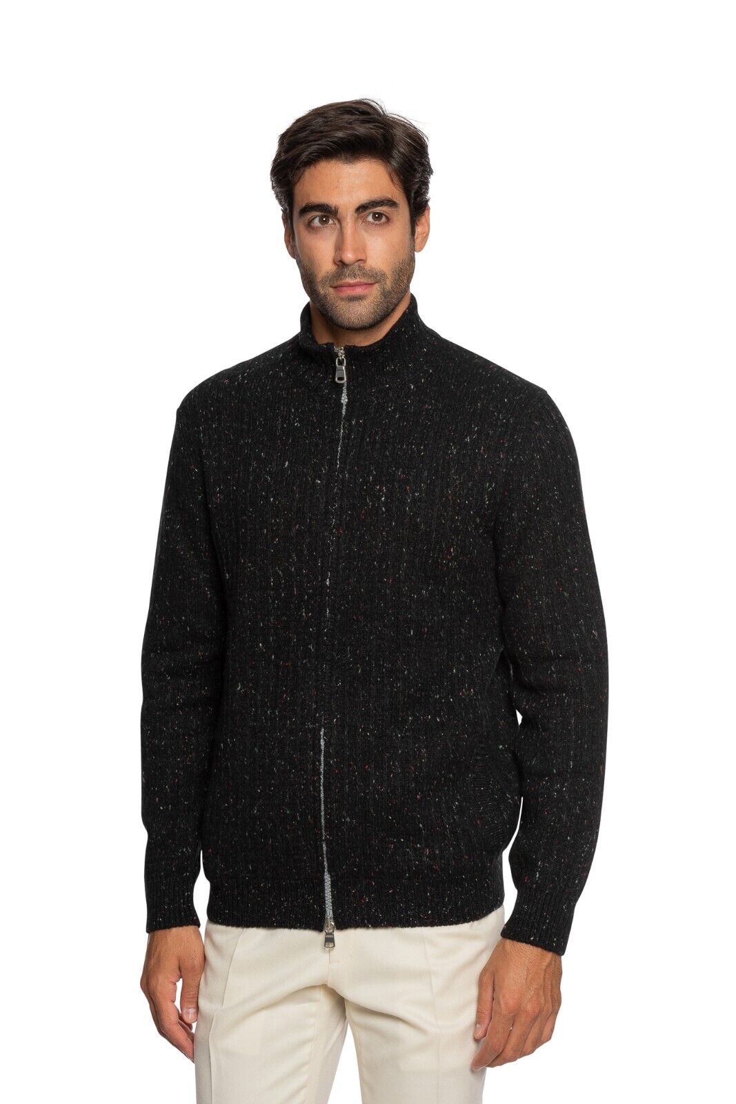 $1900 FEDELI CASHMERE Black Bomber Cardigan Donegal 100% Cashmere 40 US / 50 EU