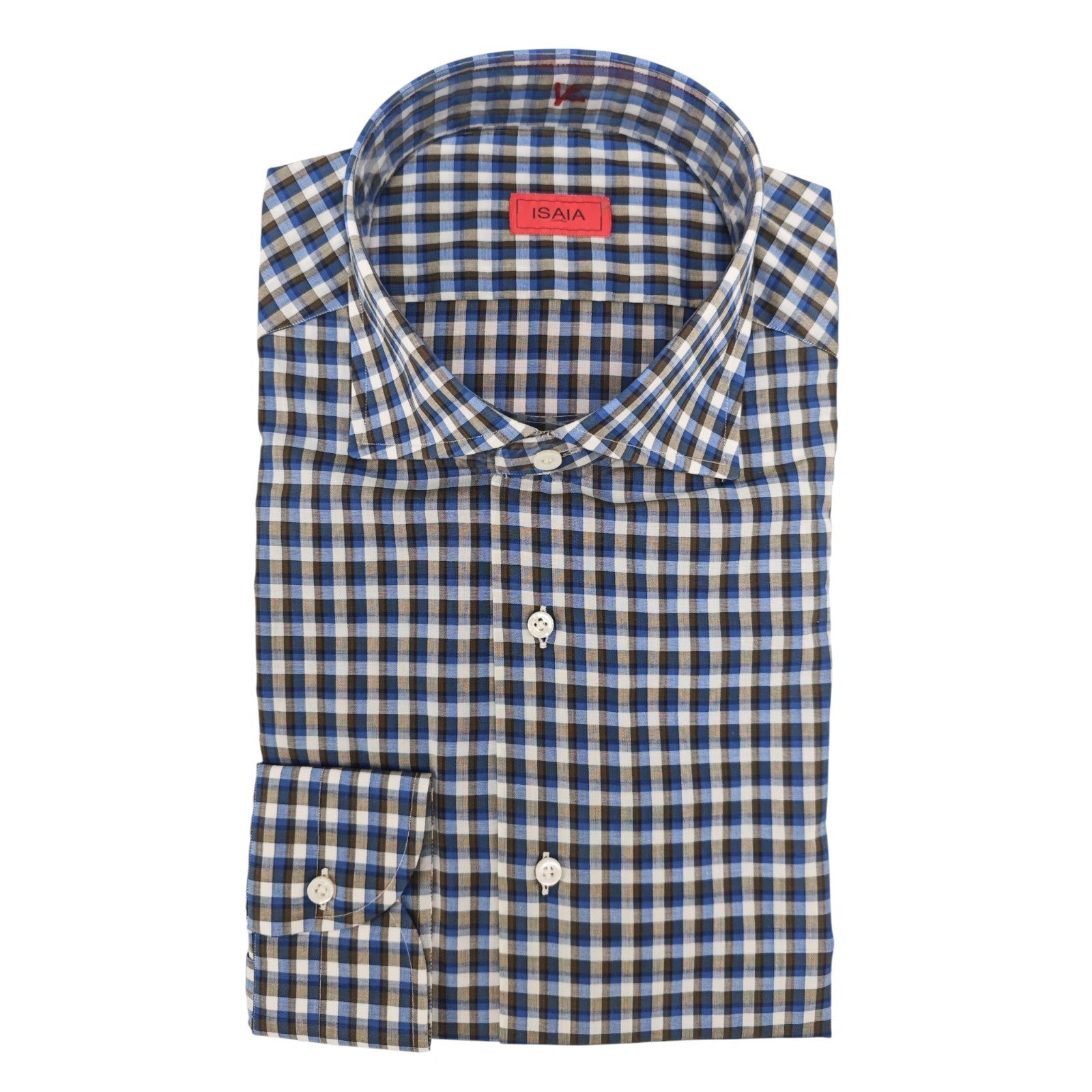 730$ ISAIA NAPOLI "Mix" Dress Shirt Blue Checks Lightwheight Cotton 17 - 43