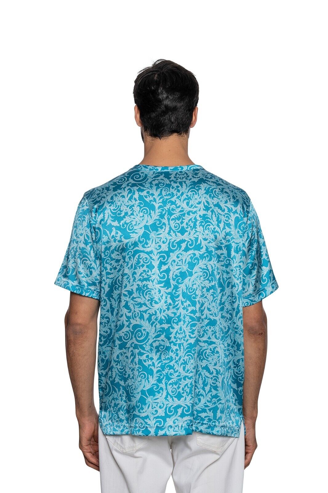 750$ LUXURY FABIO CAVIGLIA T-Shirt Blue "DAMASK" 100% Silk COMO STRETCH Size L
